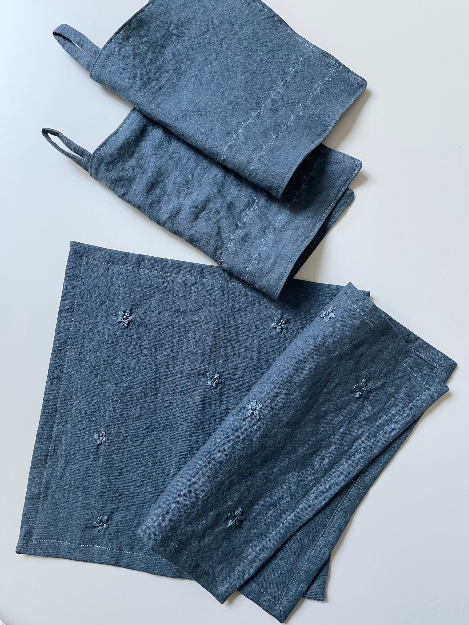Embroidered Kitchen Towel Set - Sea Blue