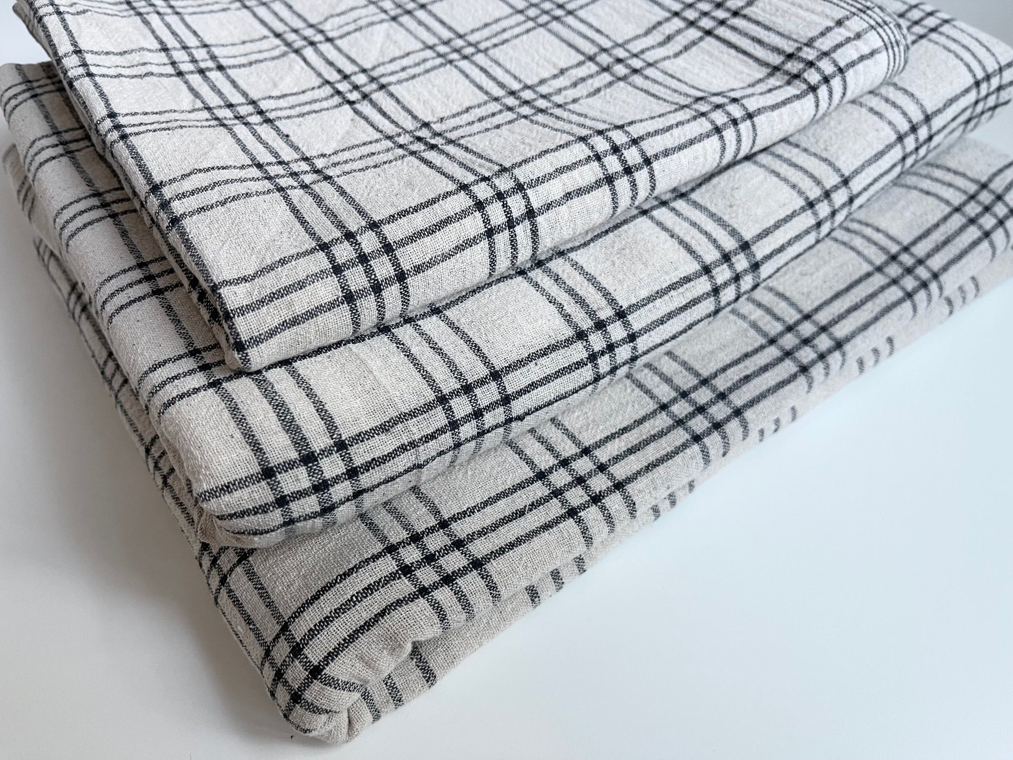 Handwoven Cotton Fabric Bundle - 6.5 yards natural and black grid check