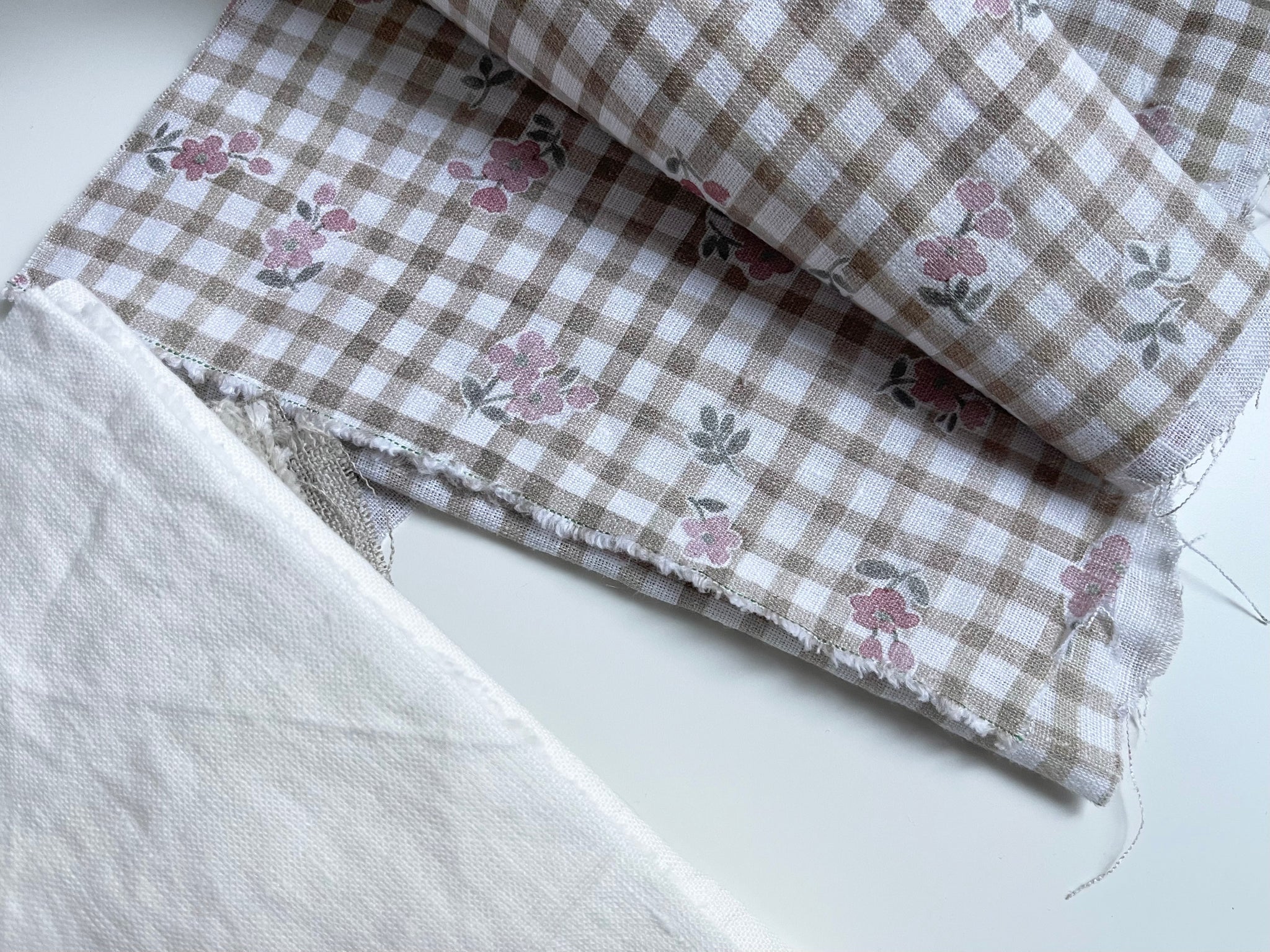 Linen Fabric Remnants - Floral Gingham, Ivory Washed, Natural and Natural Loose Weave