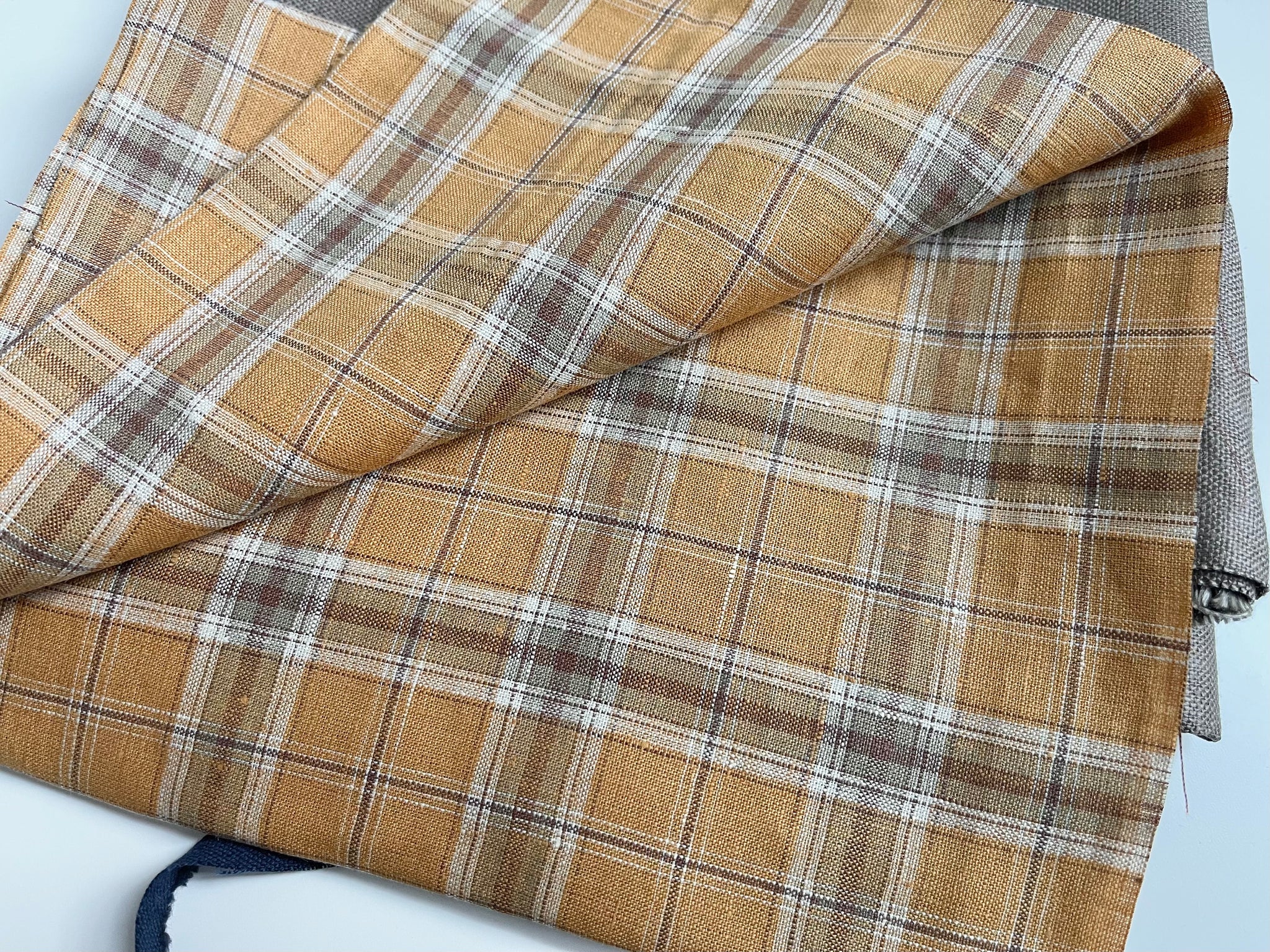 Linen Fabric Remnants - Brown Heavy Weight and Mustard Plaid