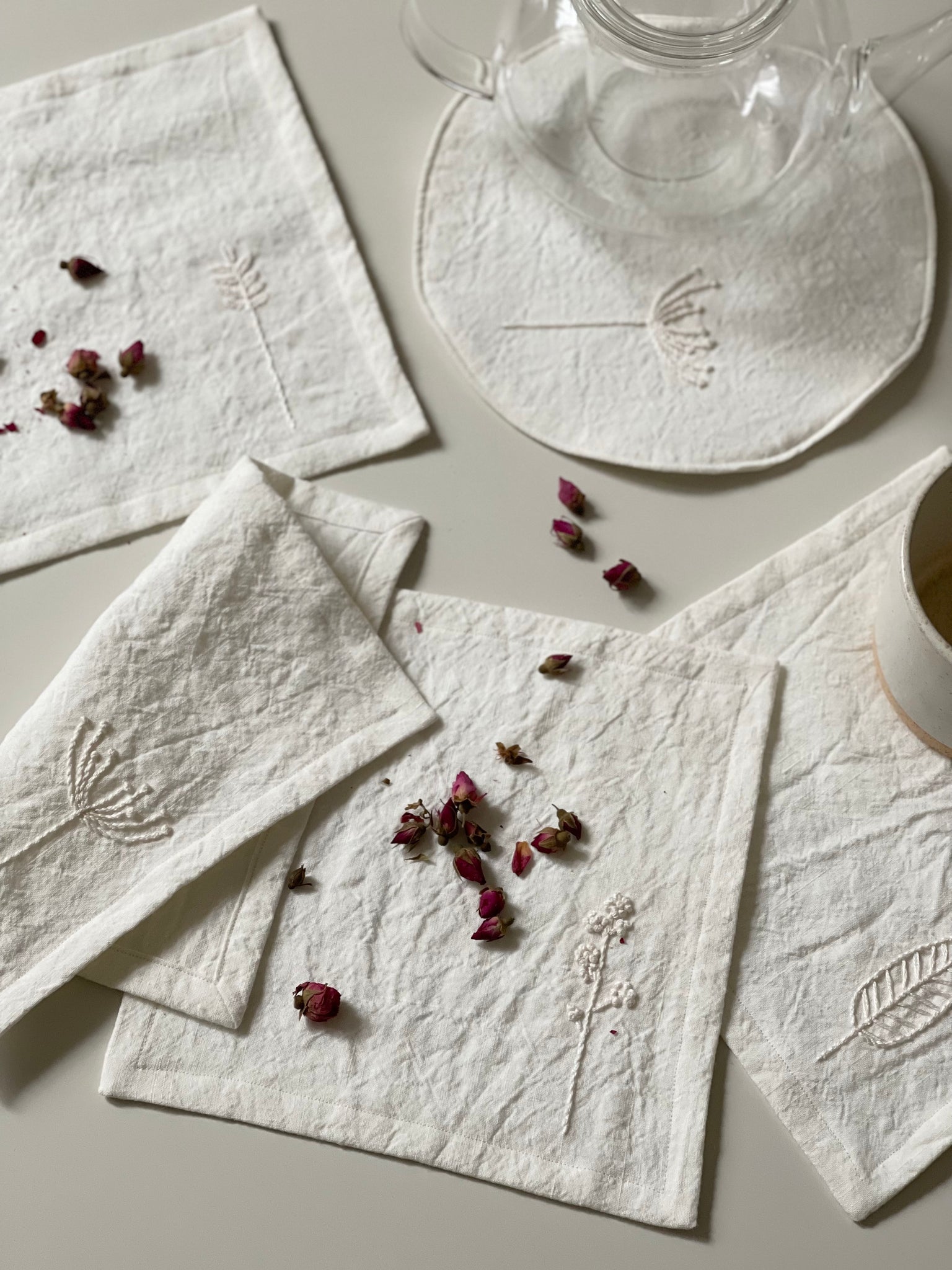 Hand Embroidered Napkins and Trivet Set - Tea Time