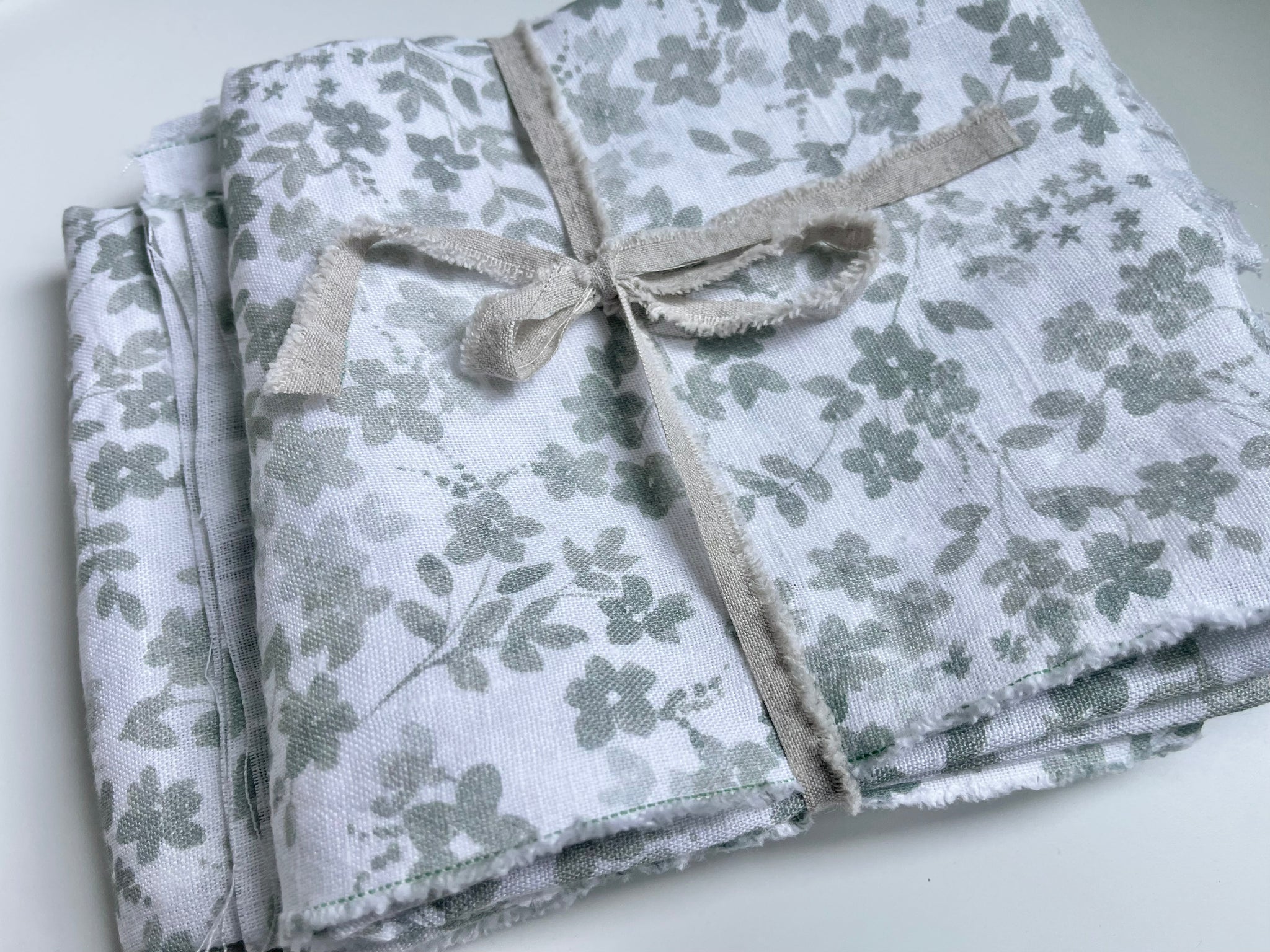 Linen Fabric Remnants - Sage Green Floral