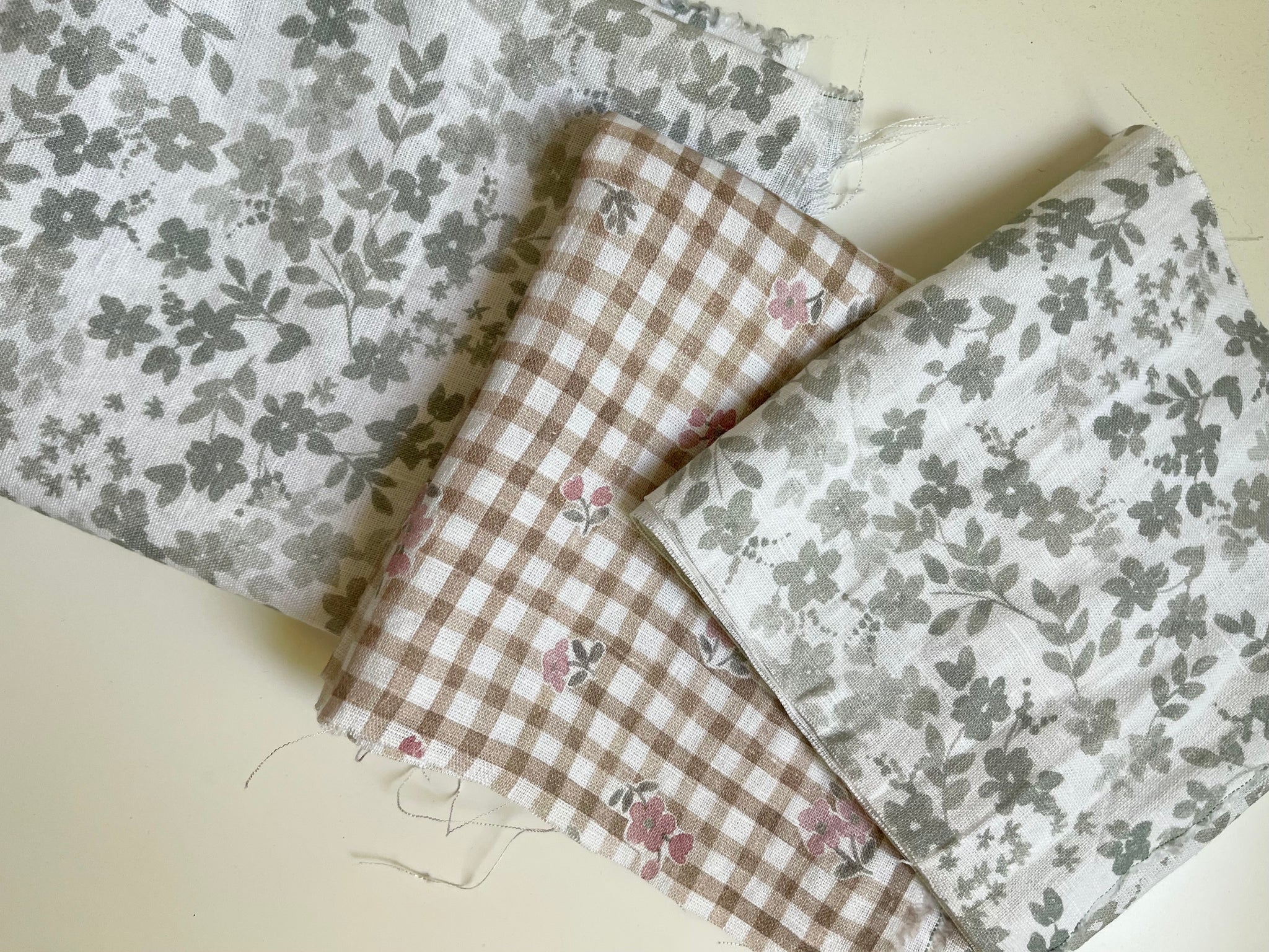 Linen Fabric Remnants - Sage Floral and Floral Gingham