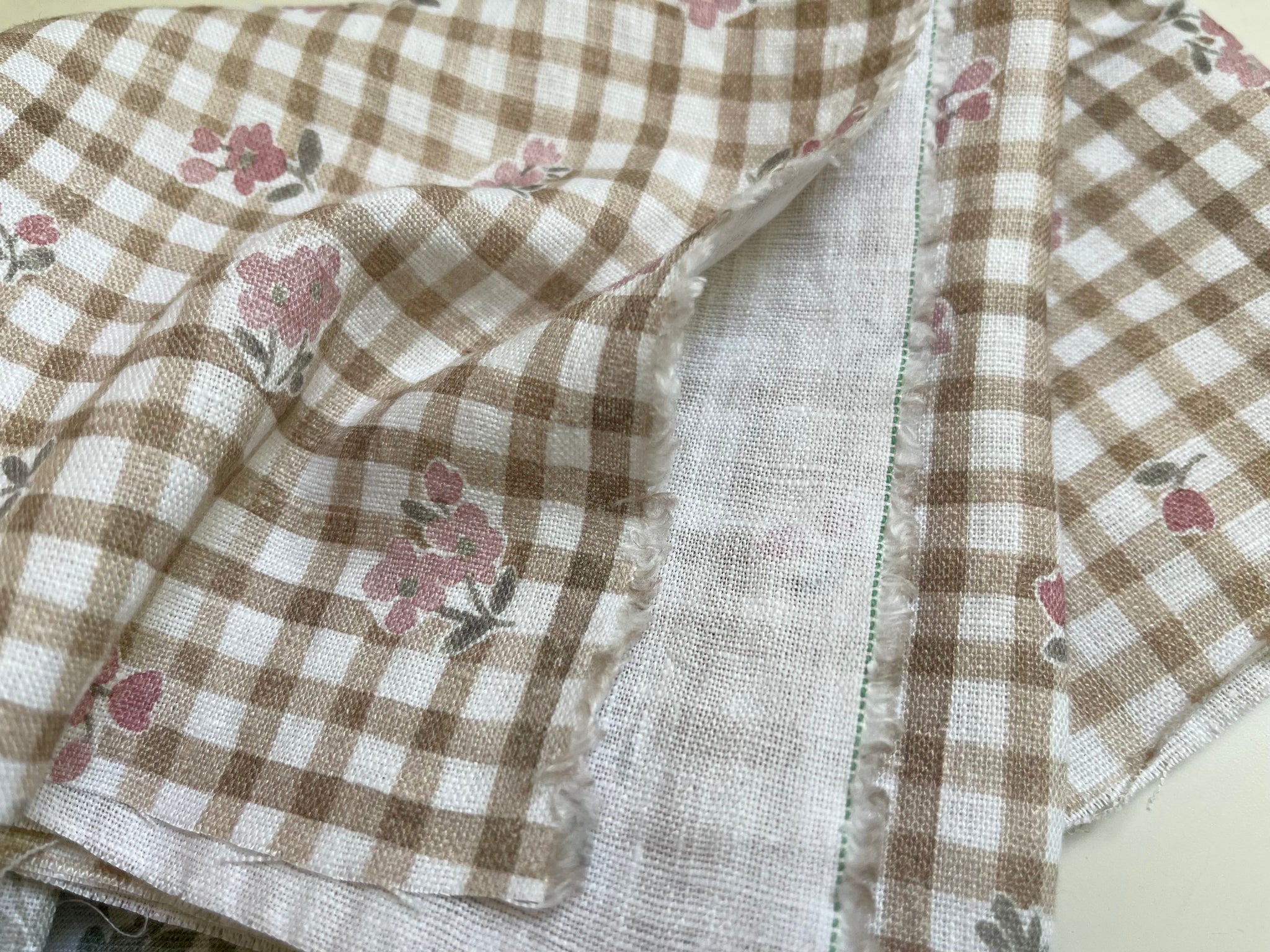 Linen Fabric Remnants - Sage Floral and Floral Gingham