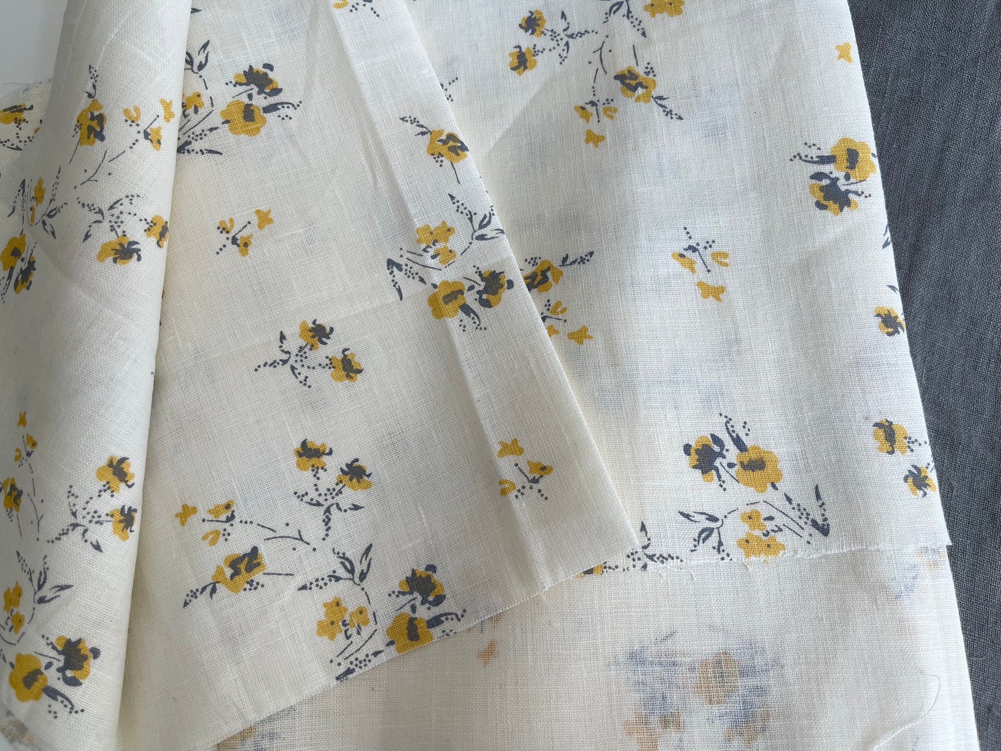 Linen Fabric Remnants - Yellow Floral and Steeple Gray