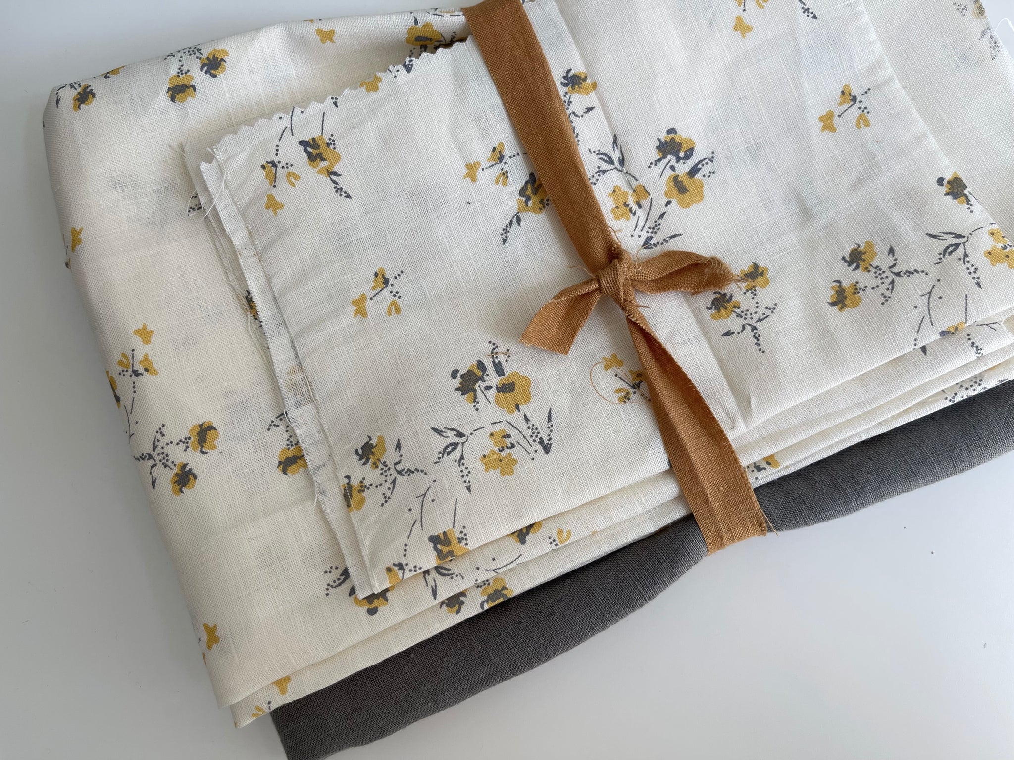 Linen Fabric Remnants - Yellow Floral and Steeple Gray