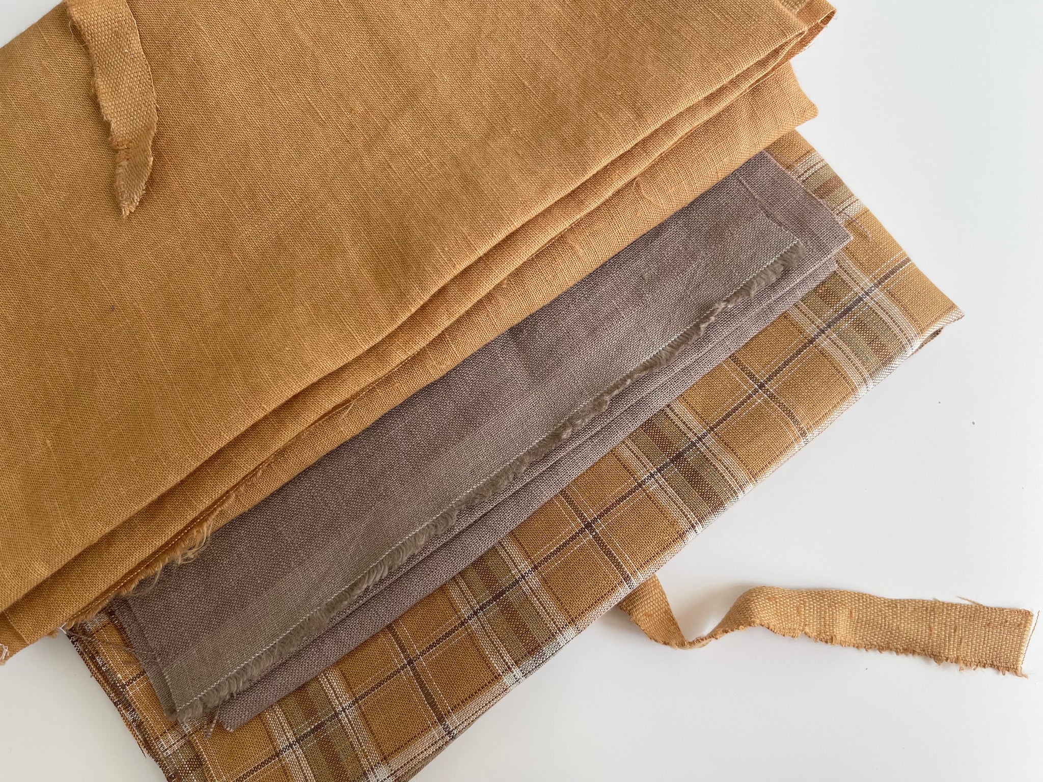 Linen Fabric Remnants - Mustard, Desert Clay and Mustard Plaid