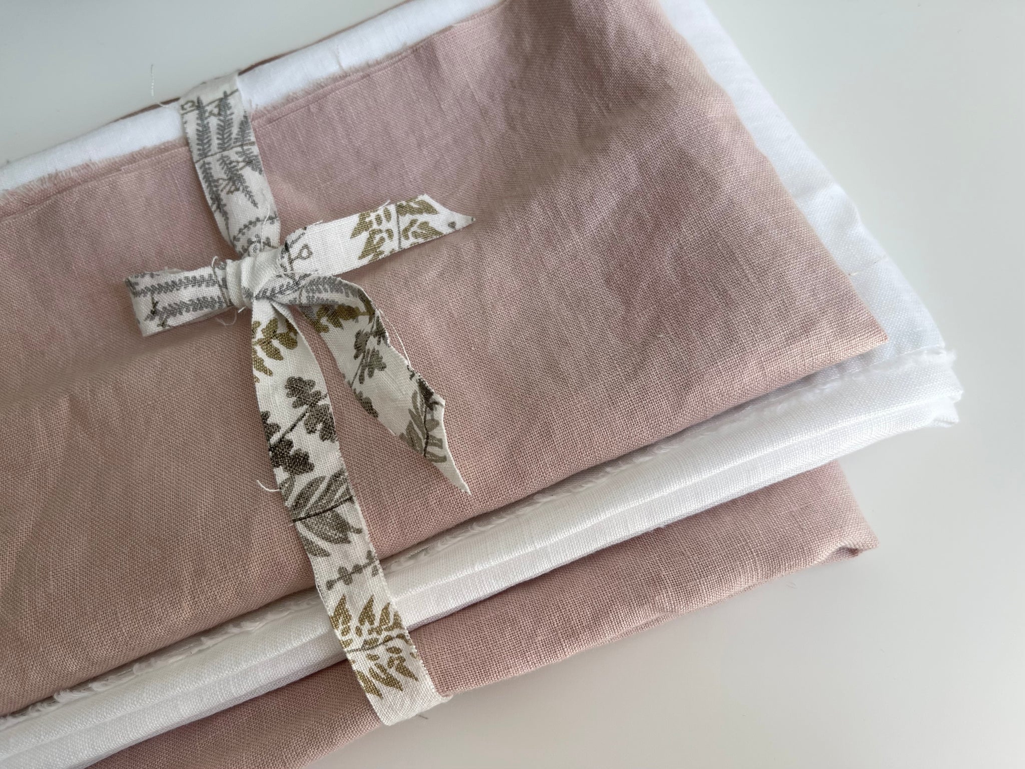 Linen Fabric Remnants - Pure White and Dusty Rose