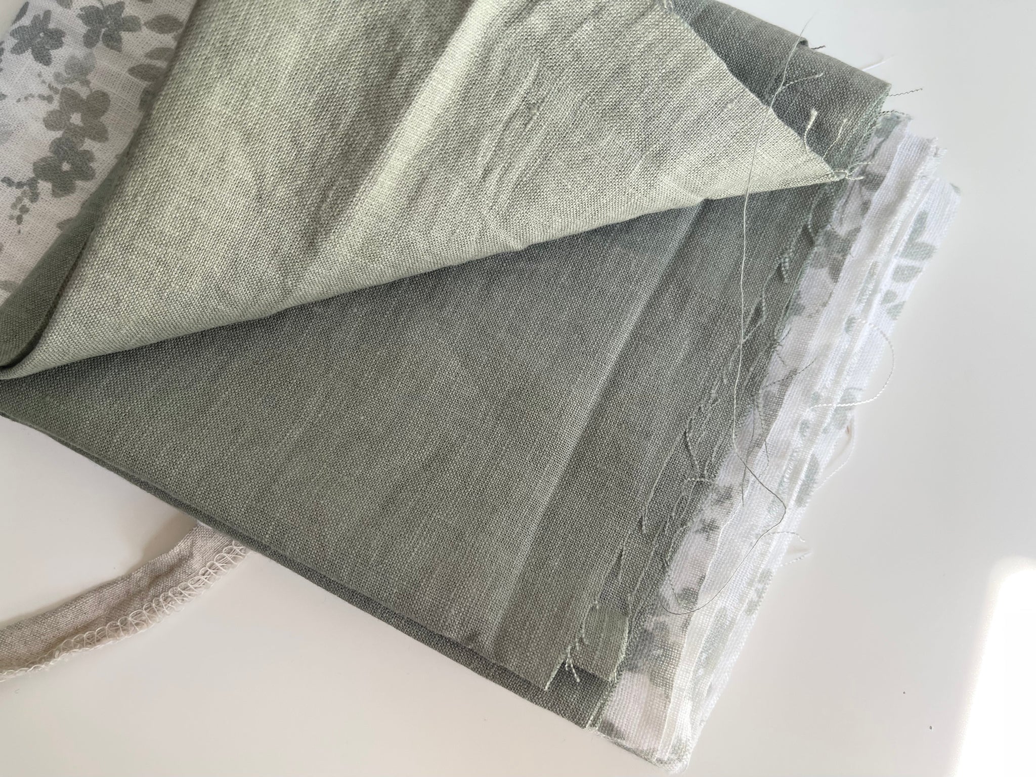 Linen Fabric Remnants - Sage Green and Sage Floral