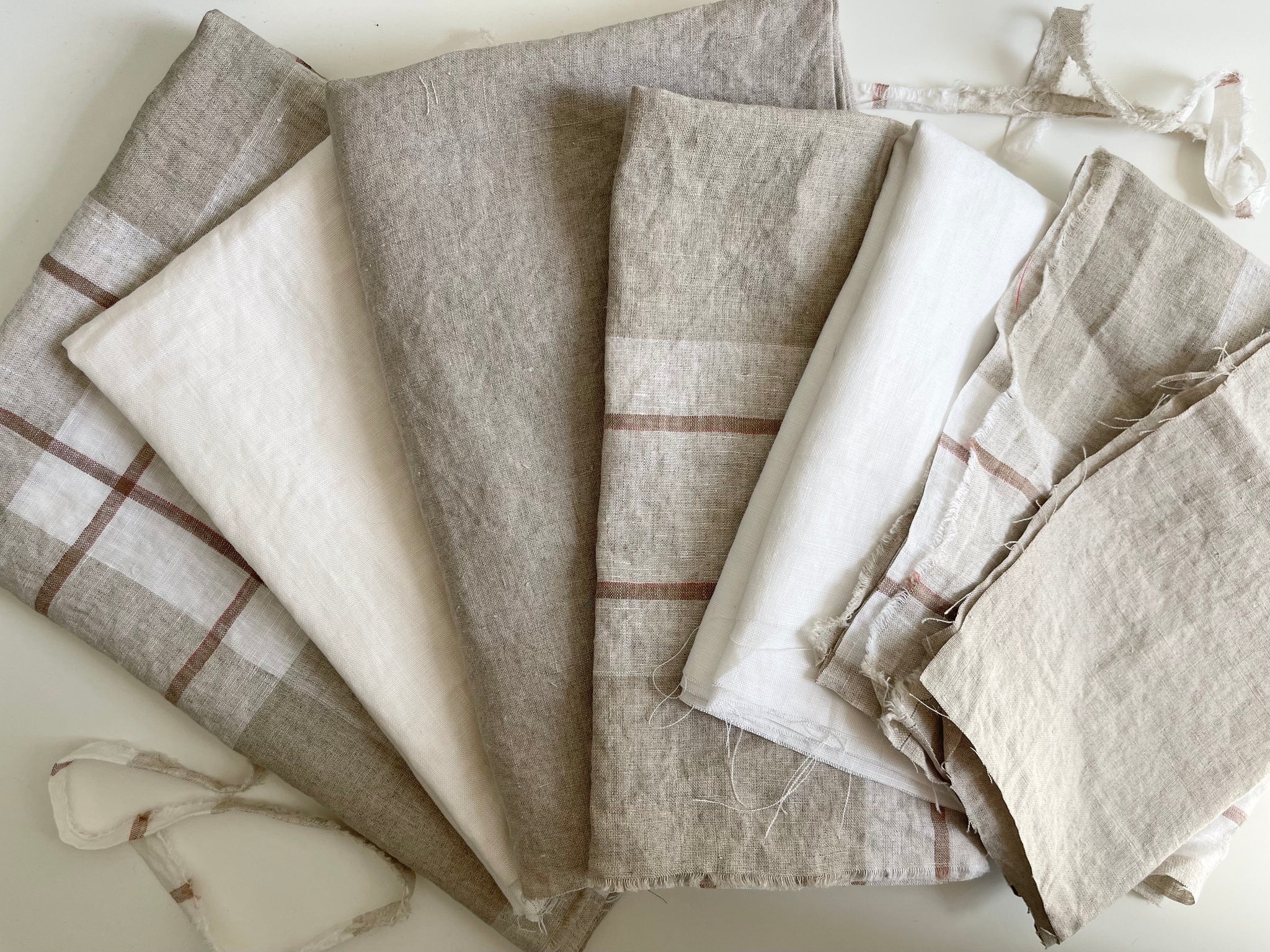 Linen Fabric Remnants - White, Natural and White Natural Plaid