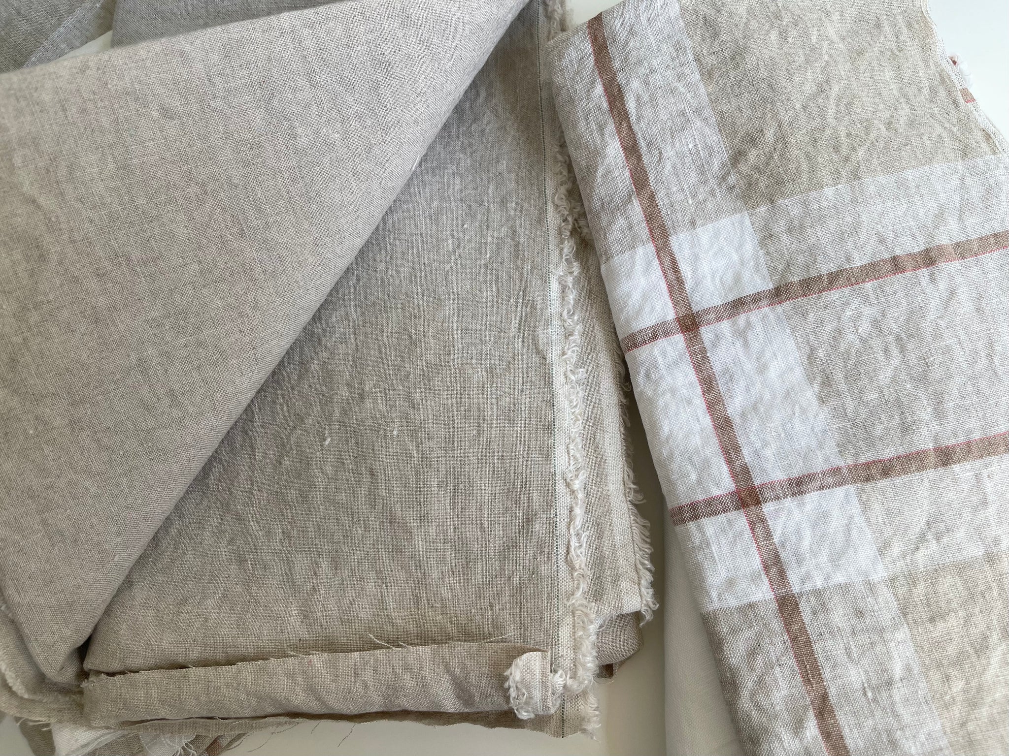 Linen Fabric Remnants - White, Natural and White Natural Plaid