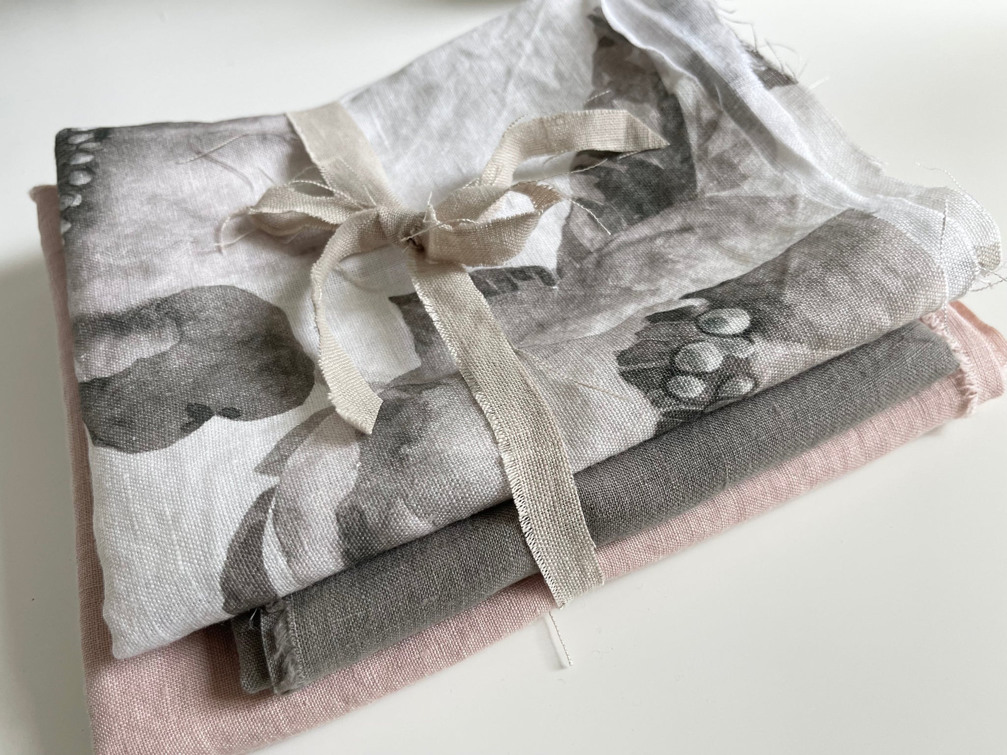 Linen Fabric Remnants - Peonies, Dusty Rose and Steeple Gray