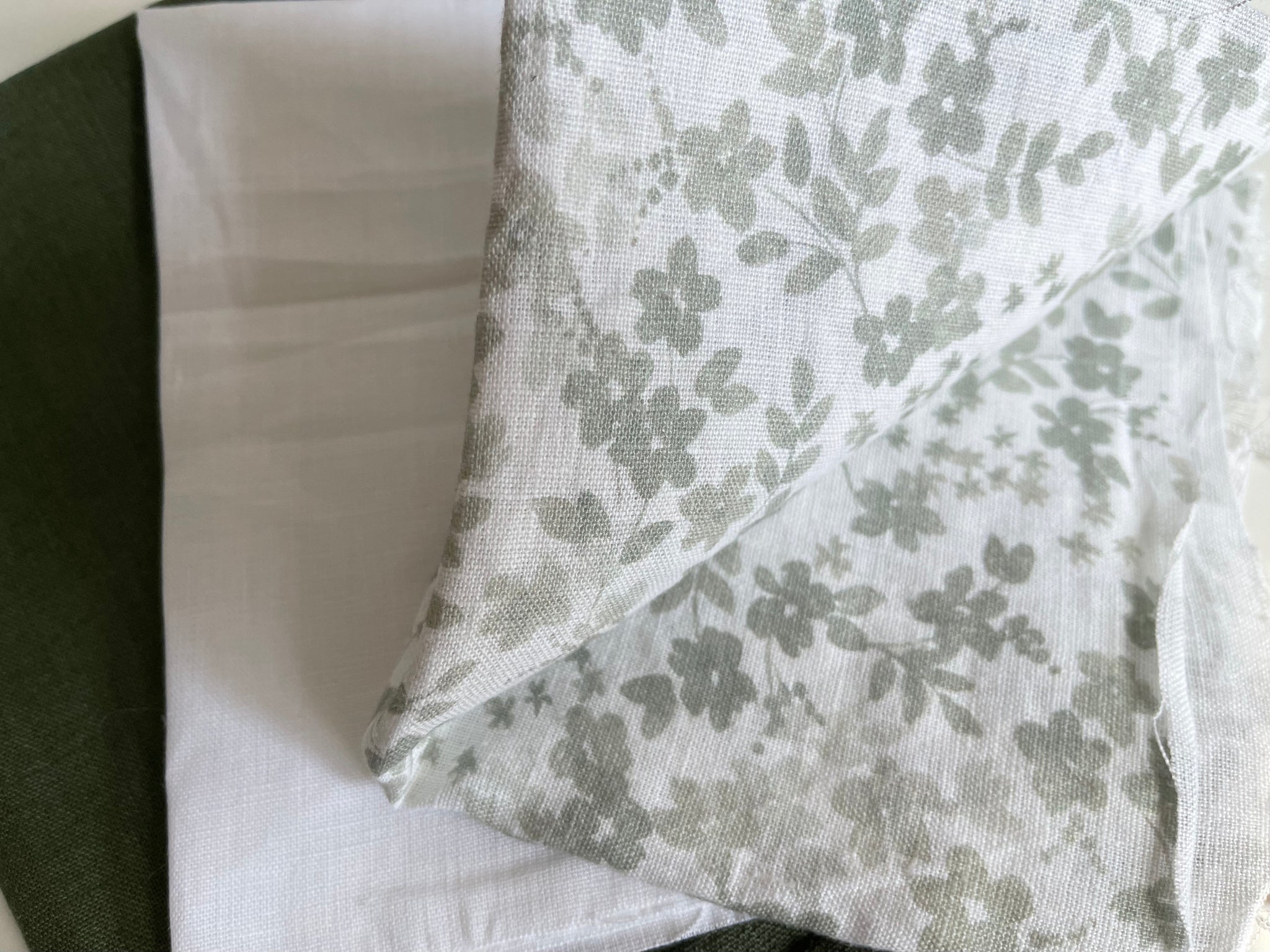 Linen Fabric Remnants - Pure White, Sage Floral, Beetle