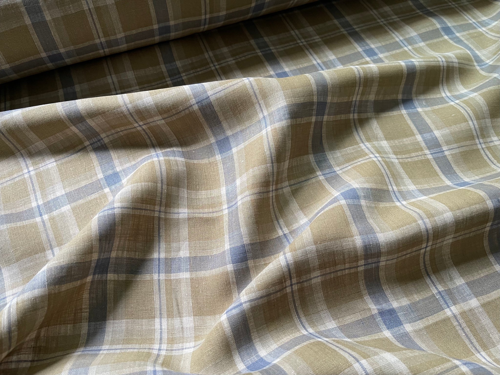 Deadstock Linen Fabric - Ecru and Blue Plaid