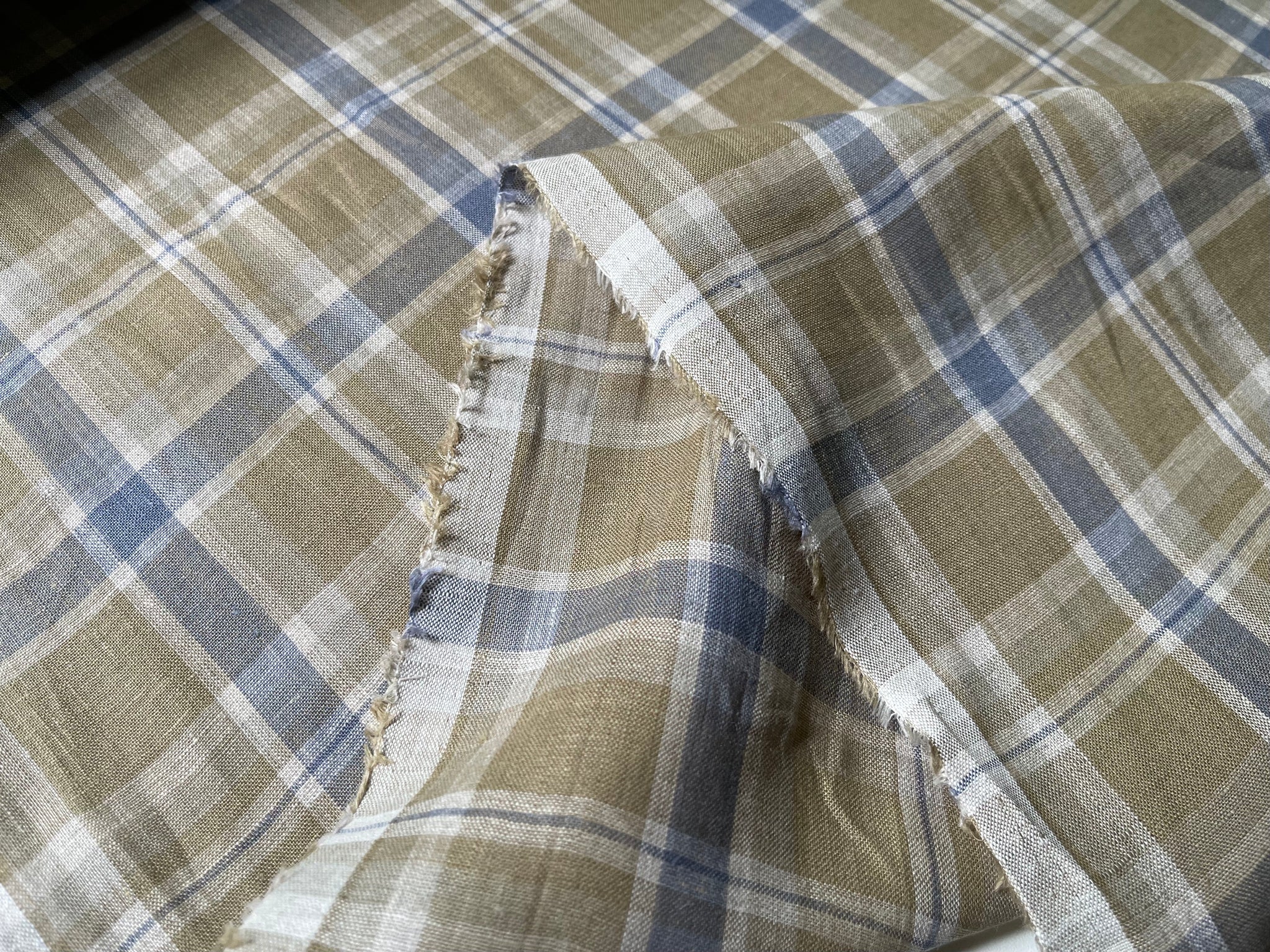 Deadstock Linen Fabric - Ecru and Blue Plaid