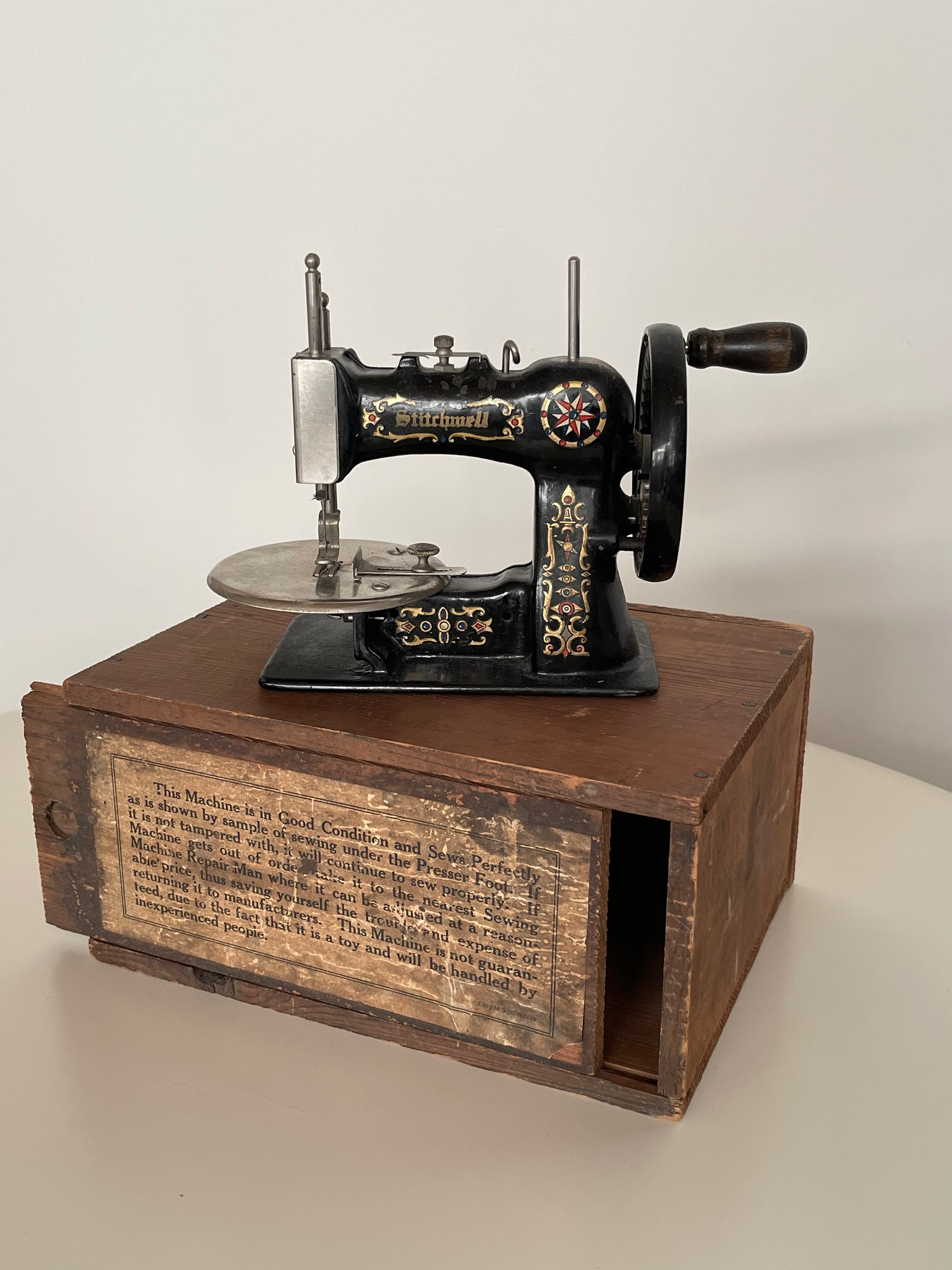 Vintage Stitchwell Miniature Sewing Machine with Original Wooden