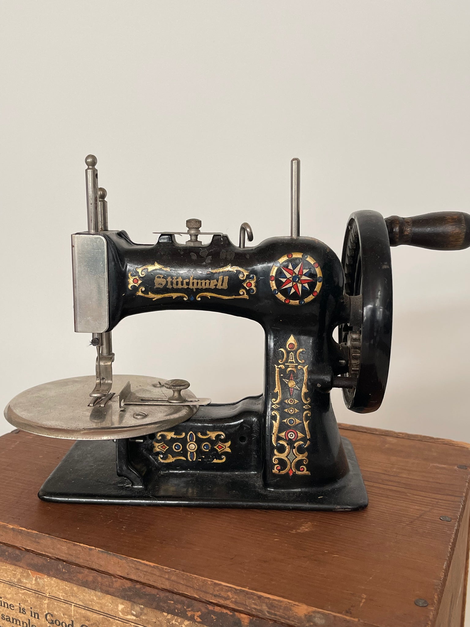 Vintage Stitchwell Miniature Sewing Machine with Original Wooden