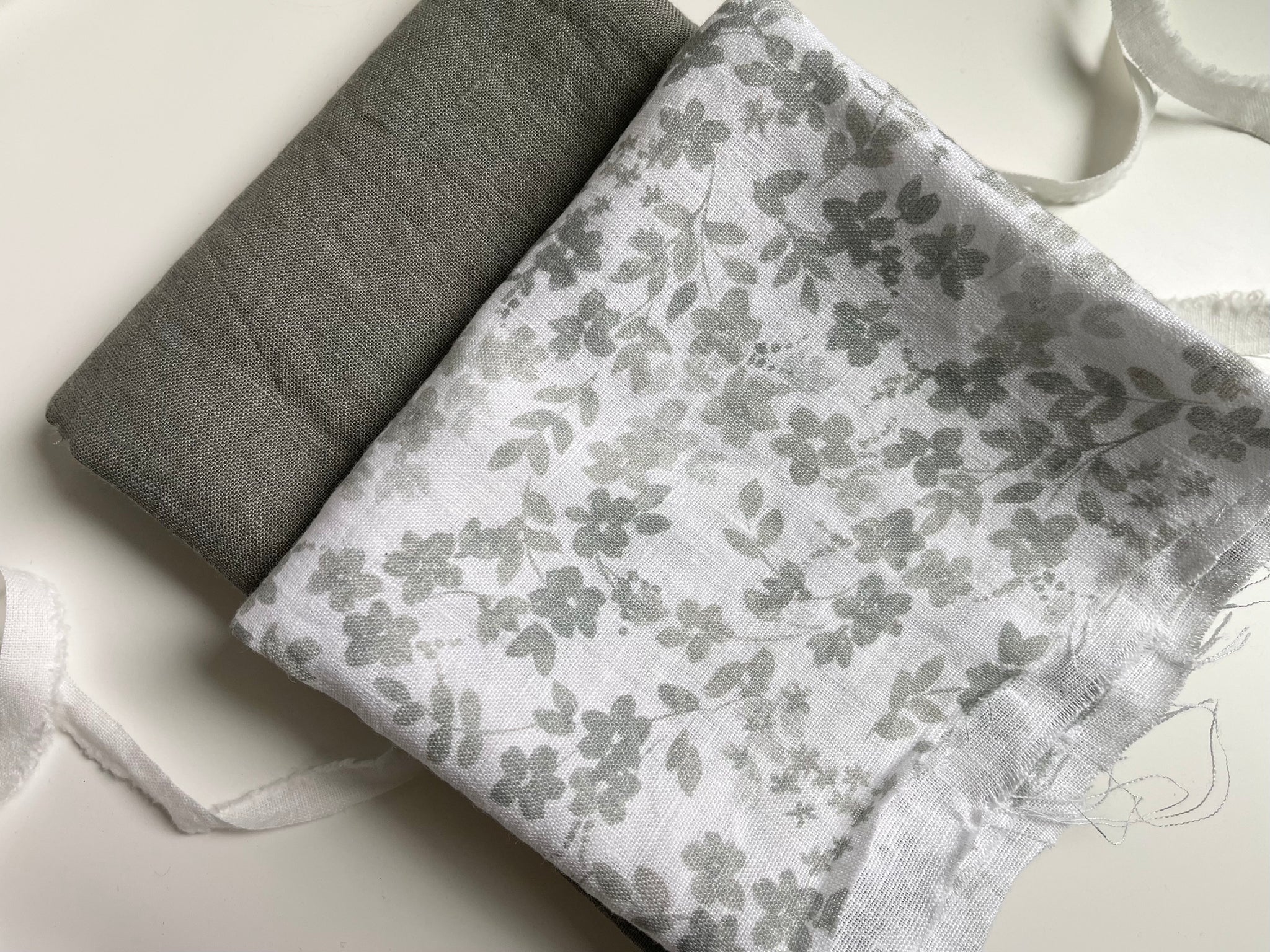 Linen Fabric Remnants - Sage Floral and Deep Sage
