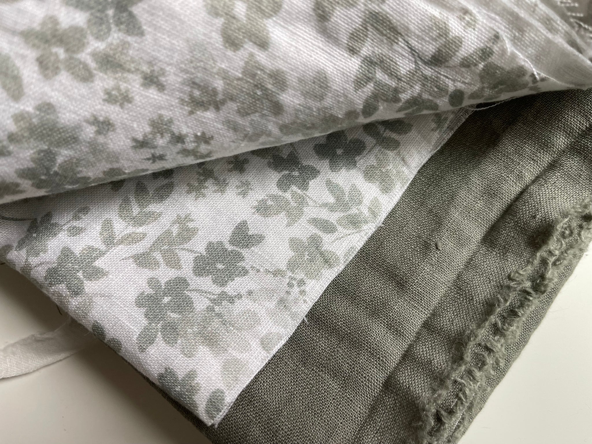 Linen Fabric Remnants - Sage Floral and Deep Sage