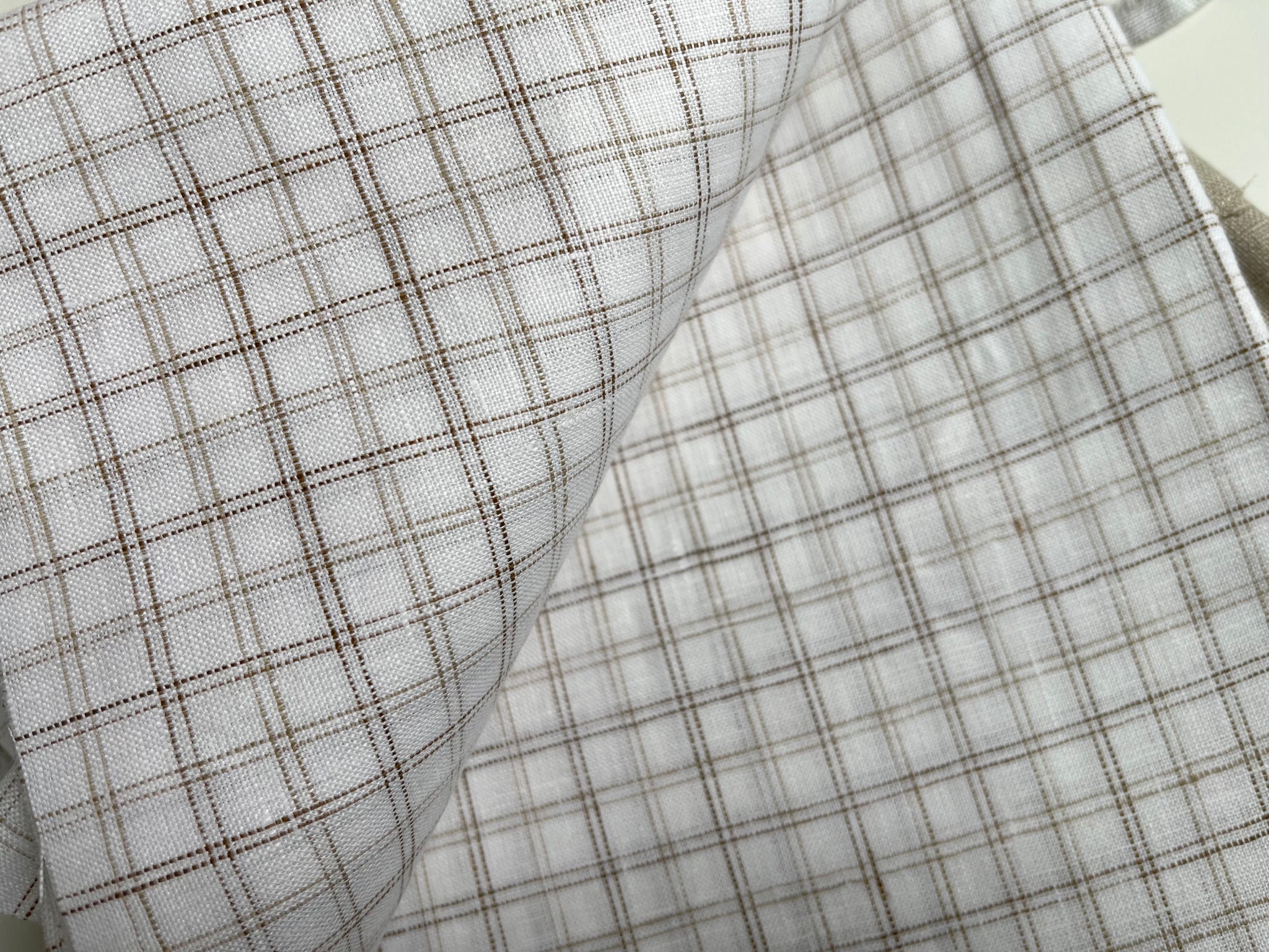 Linen Fabric Remnants - Oatmeal and White Brown Grid Check