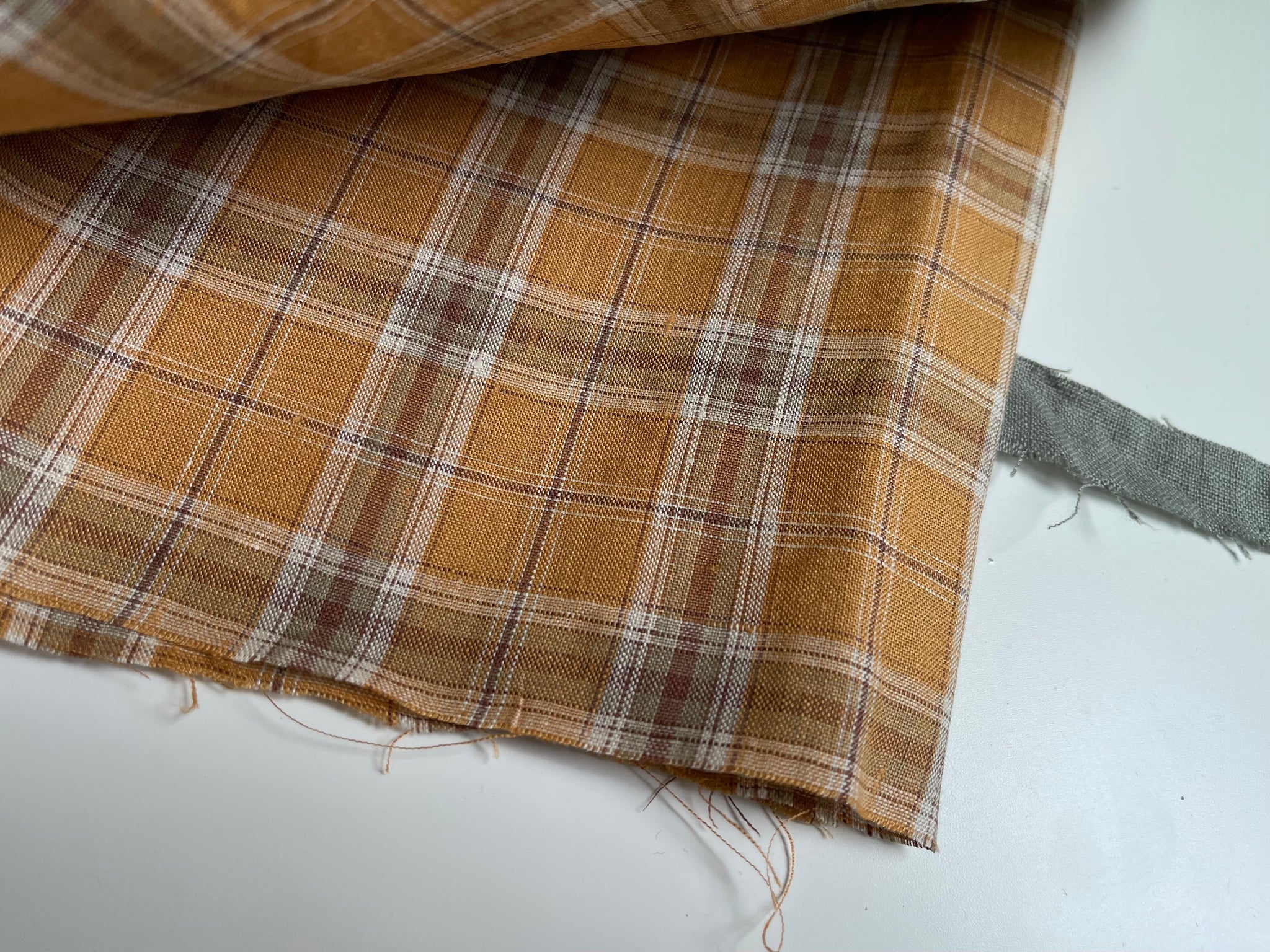 Linen Fabric Remnants - Mustard Plaid and Desert Clay