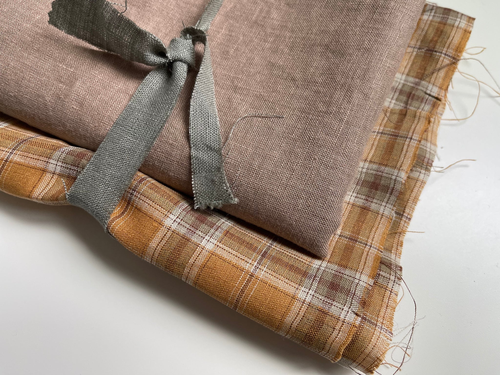 Linen Fabric Remnants - Mustard Plaid and Desert Clay
