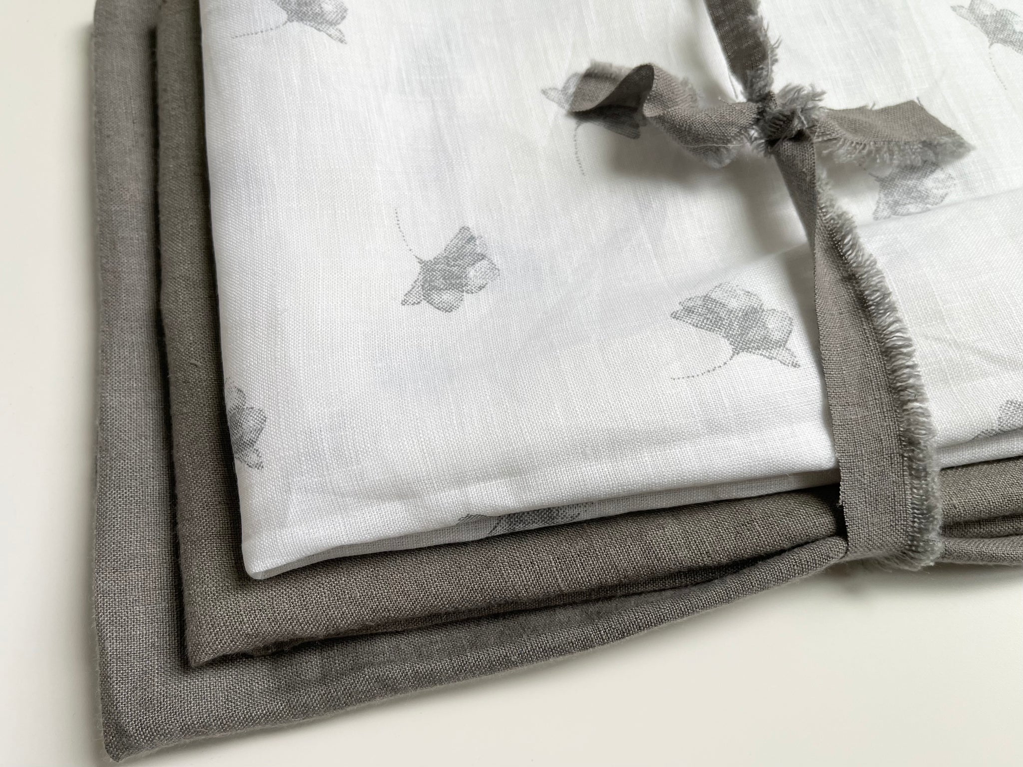 Linen Fabric Remnants - Steeple Gray and Scattered Poppy