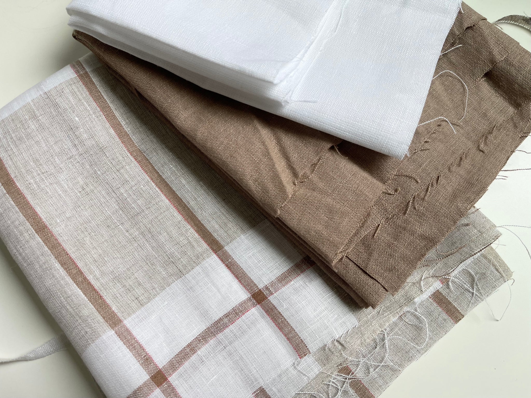 Linen Fabric Remnants - Pure White, Desert Clay, White Natural Plaid