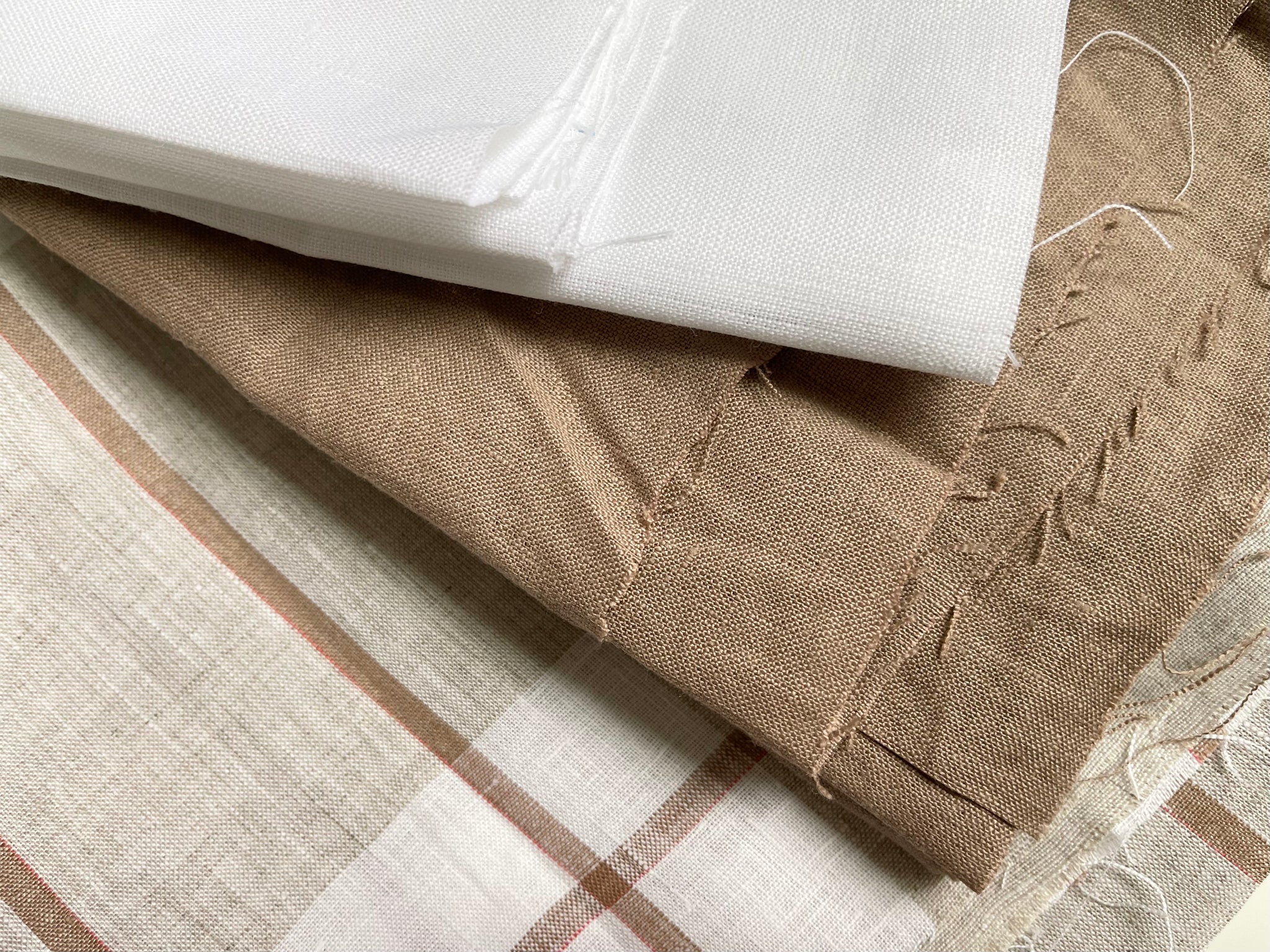 Linen Fabric Remnants - Pure White, Desert Clay, White Natural Plaid