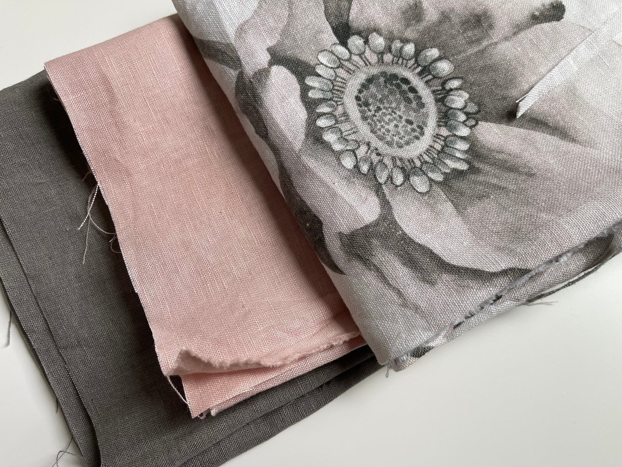 Linen Fabric Remnants - Peonies, Dusty Rose and Steeple Gray