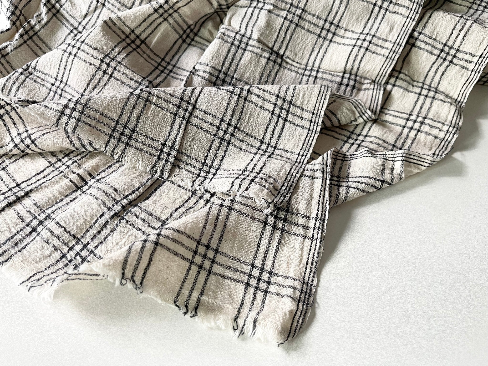 Handwoven Cotton Fabric - Natural and Black Grid Check