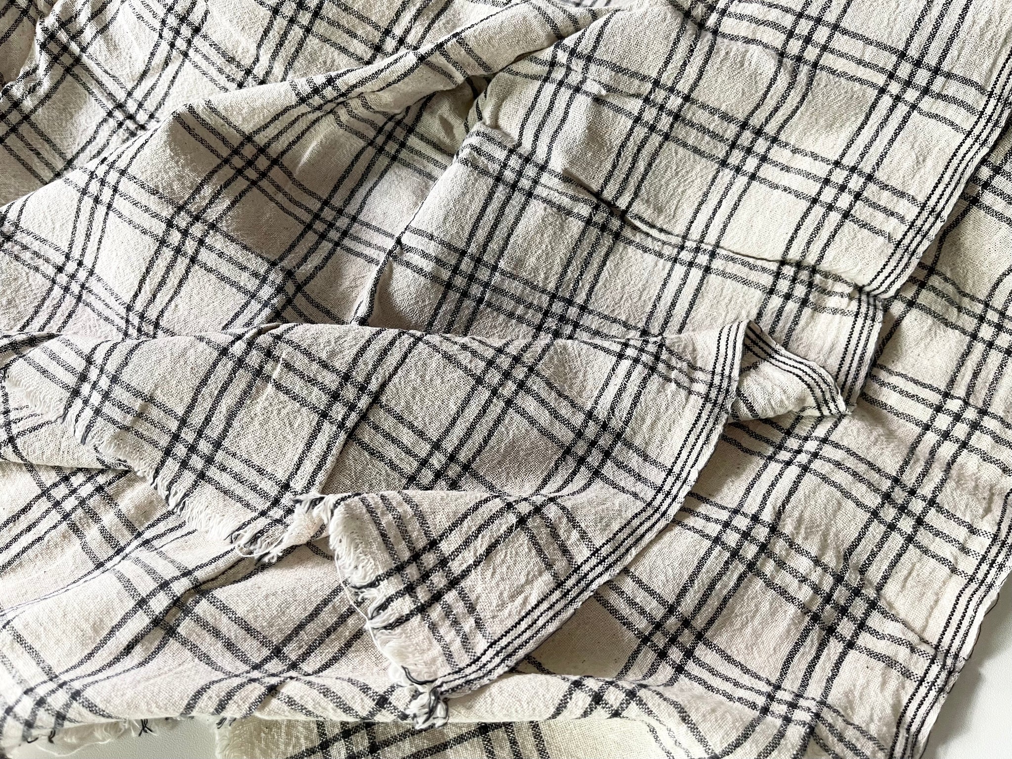 Handwoven Cotton Fabric - Natural and Black Grid Check