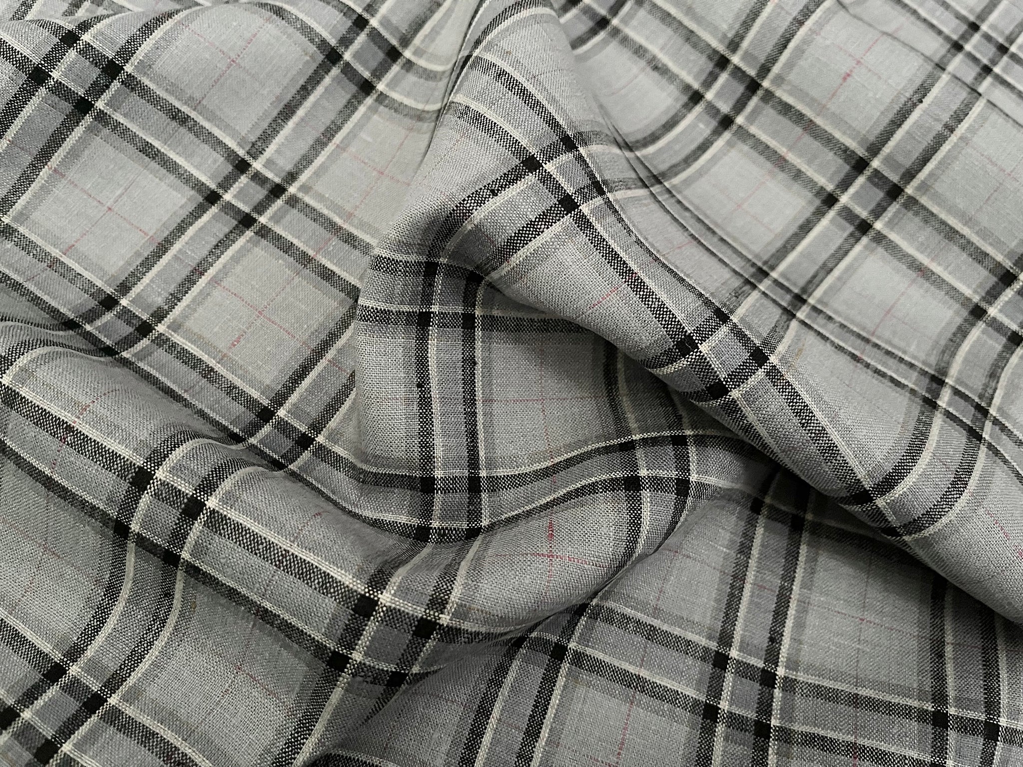 Deadstock Linen Fabric - Grey and Black Plaid