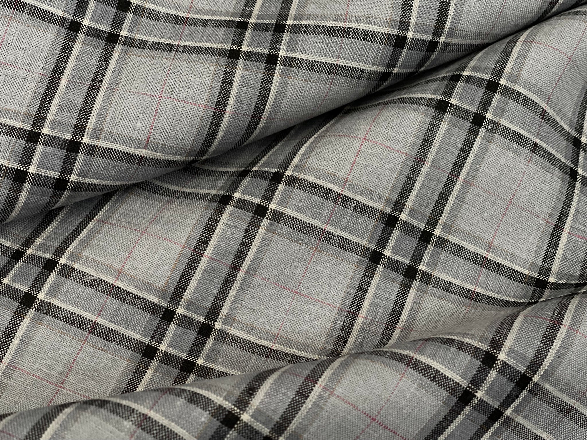 Deadstock Linen Fabric - Grey and Black Plaid