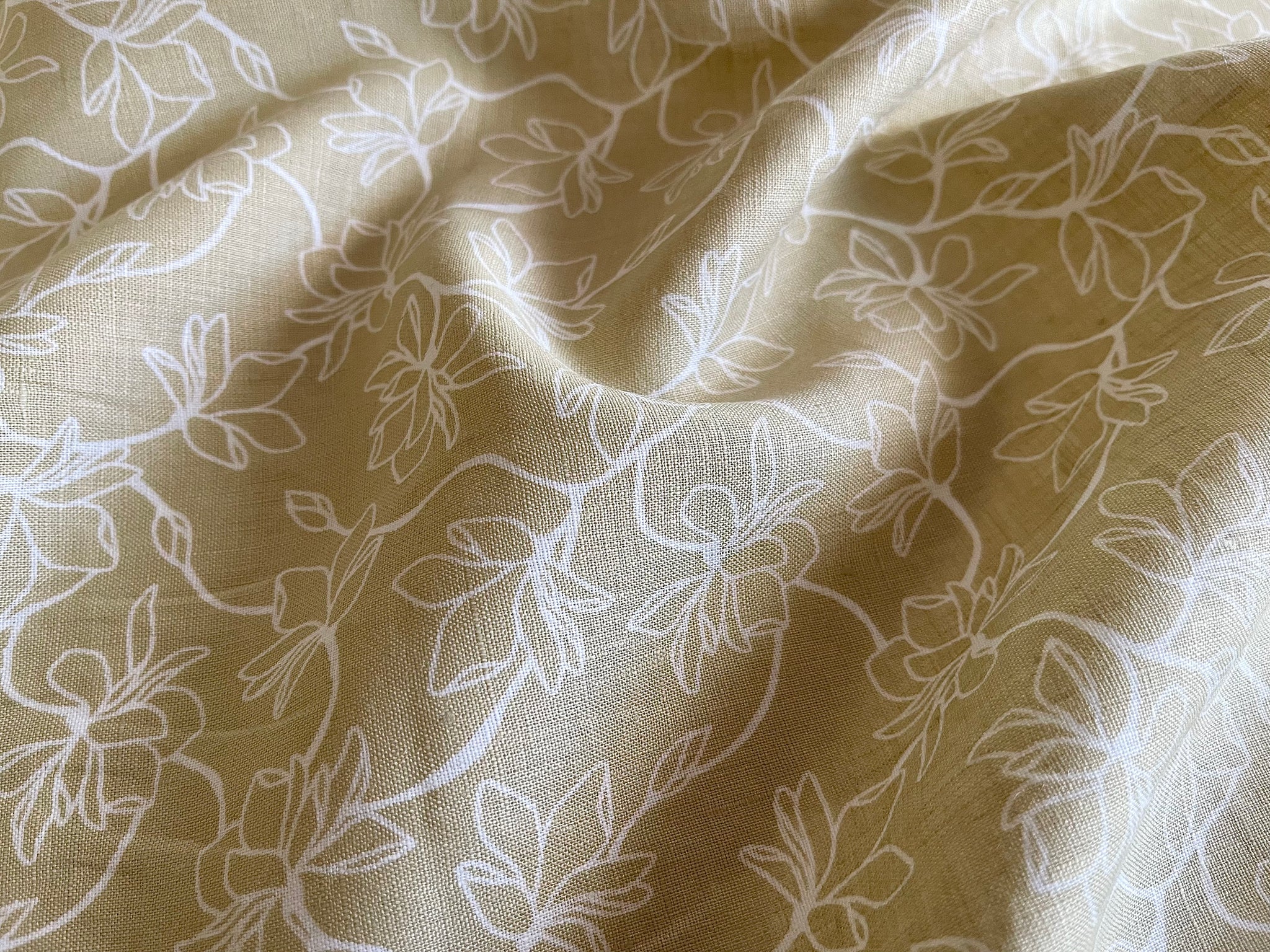 Deadstock Linen Fabric - Lotus Print in Hay Yellow and White