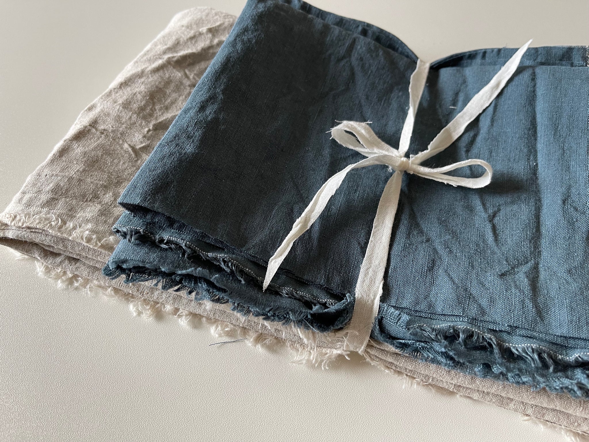 Linen Fabric Remnants - Natural, Sea Blue