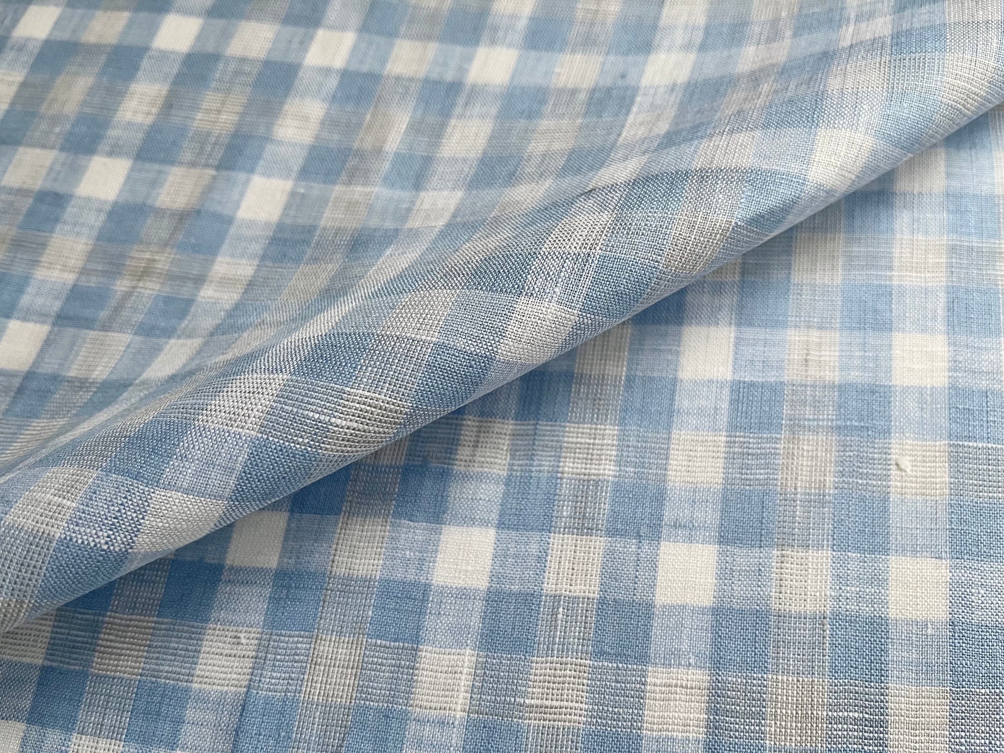 Deadstock Linen Fabric - Sky Blue Small Check