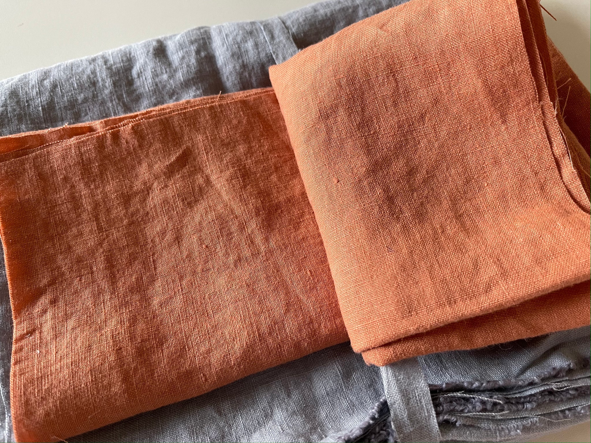 Linen Fabric Remnants - Terracotta, Bluish Grey