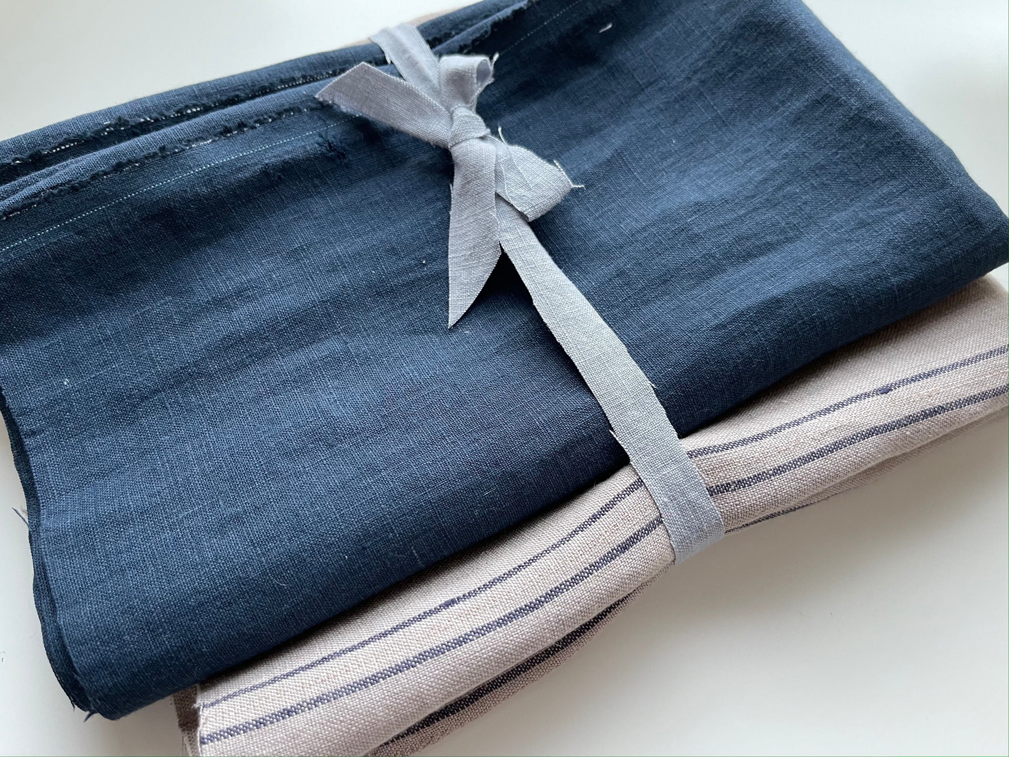 Linen Fabric Remnants - Mocca Stripes, Navy Blue