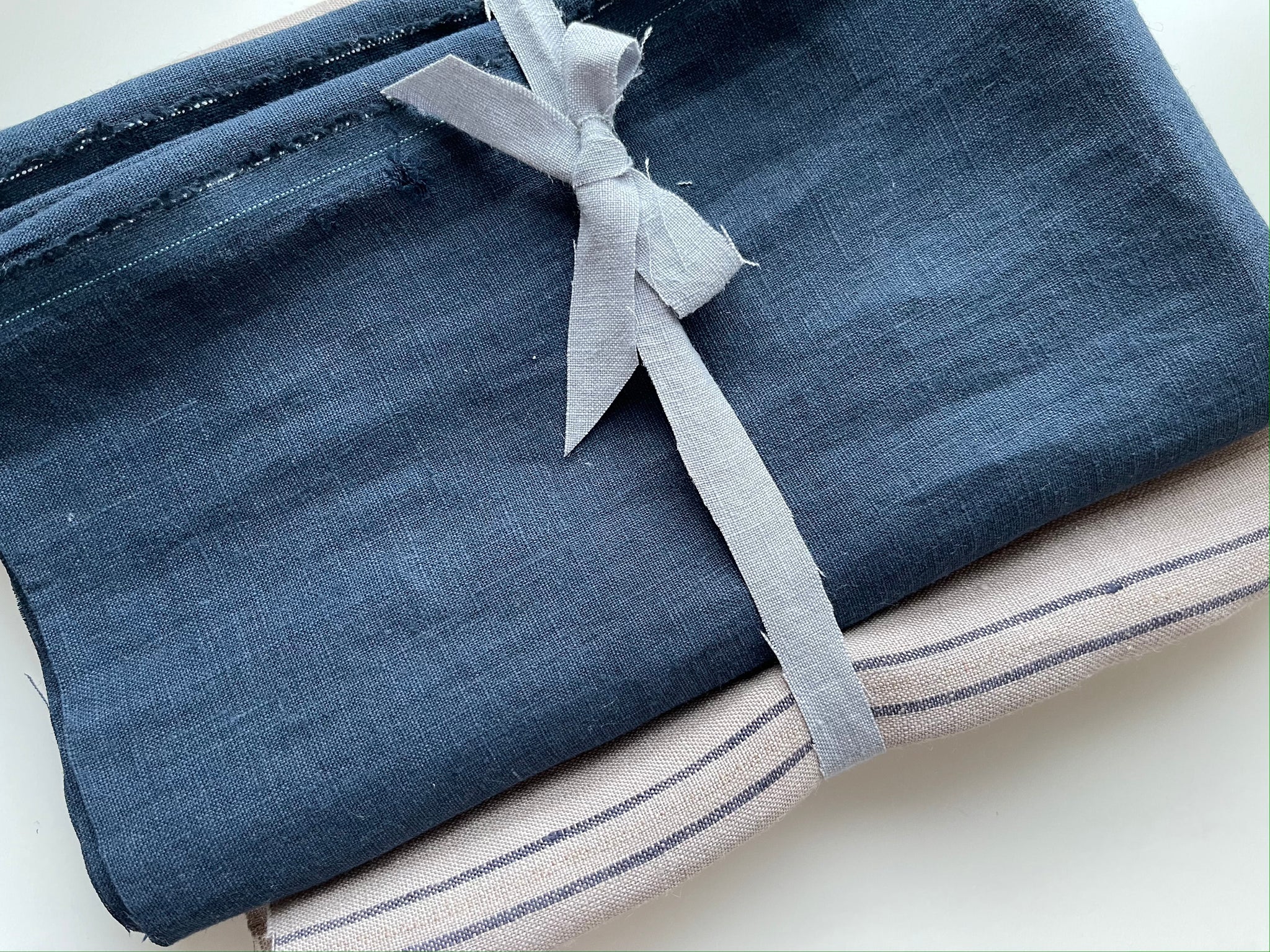 Linen Fabric Remnants - Mocca Stripes, Navy Blue