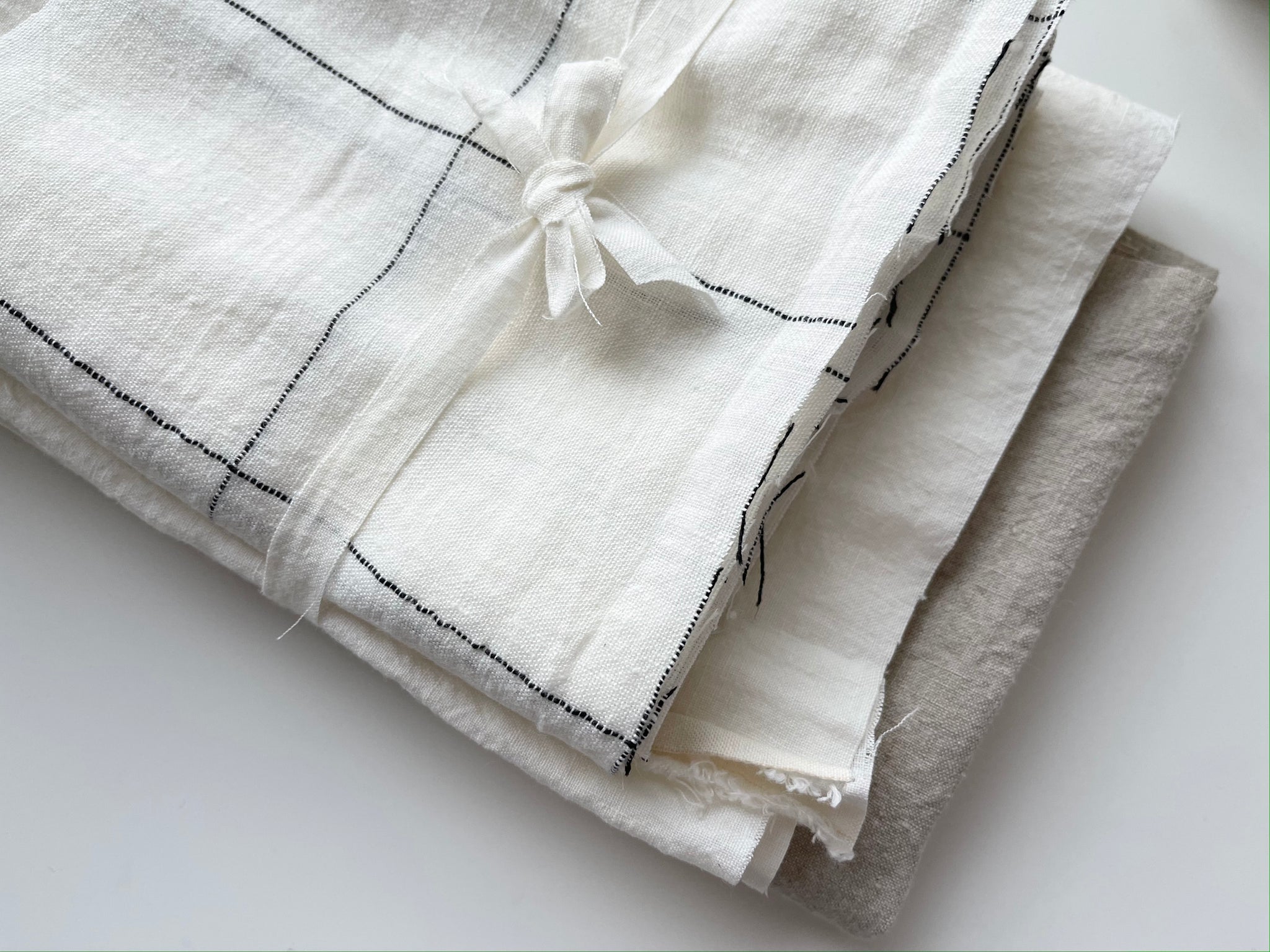 Linen Fabric Remnants - Ivory Black Check, Natural,  Ivory