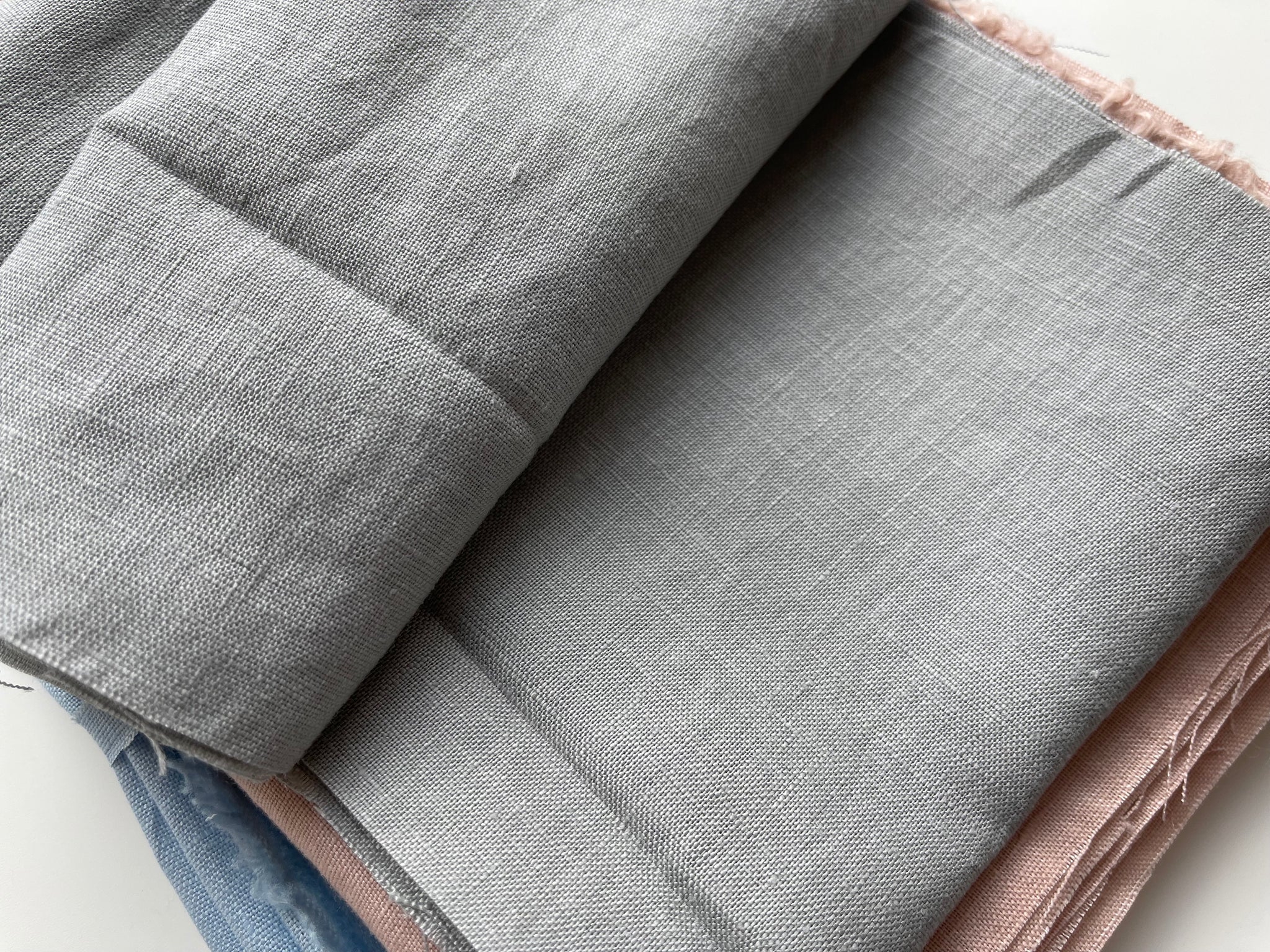 Linen Fabric Remnants - Light Blue, Dusty Rose and Grey