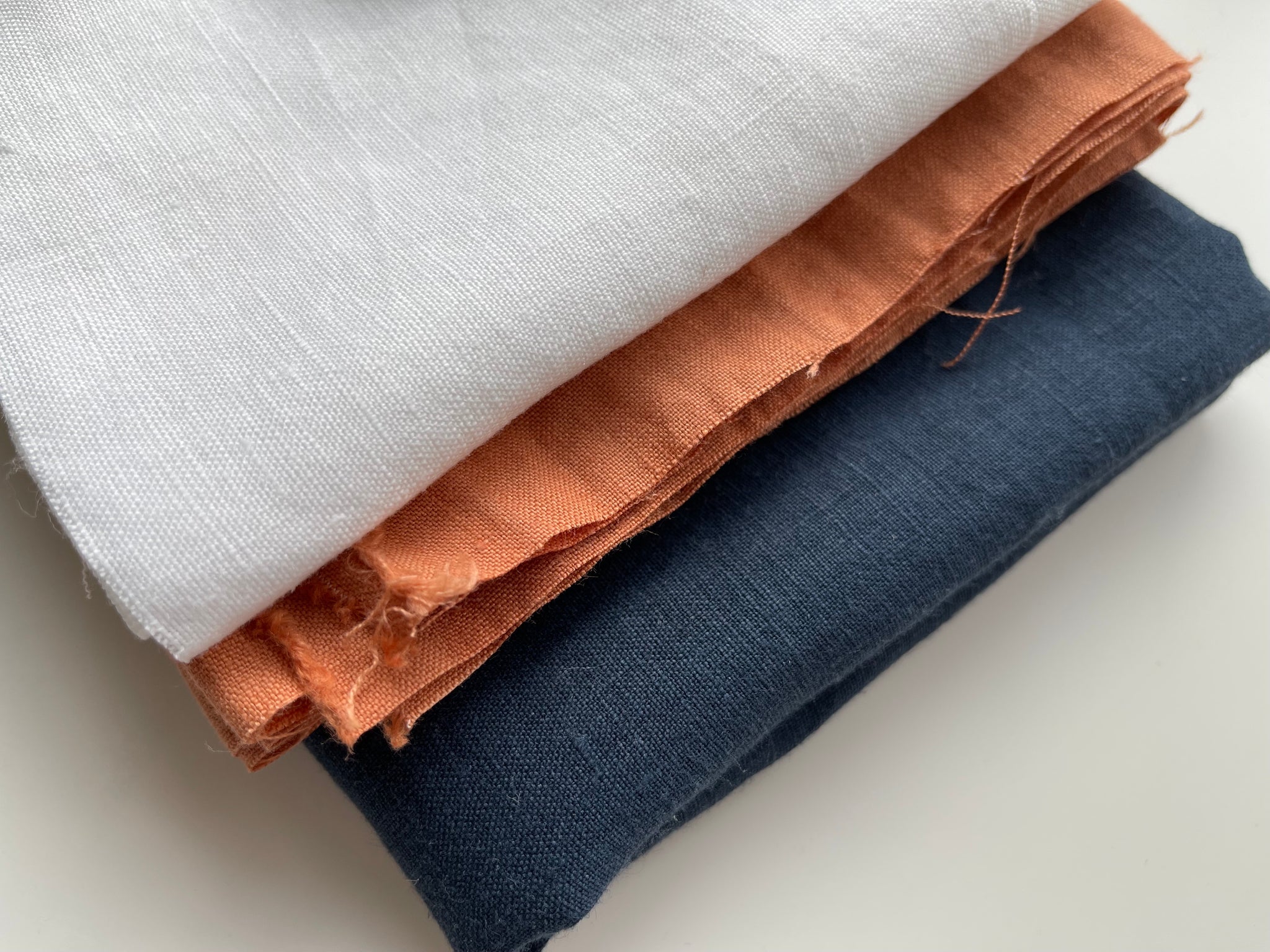 Linen Fabric Remnants - Navy Blue, Terracotta and Pure White