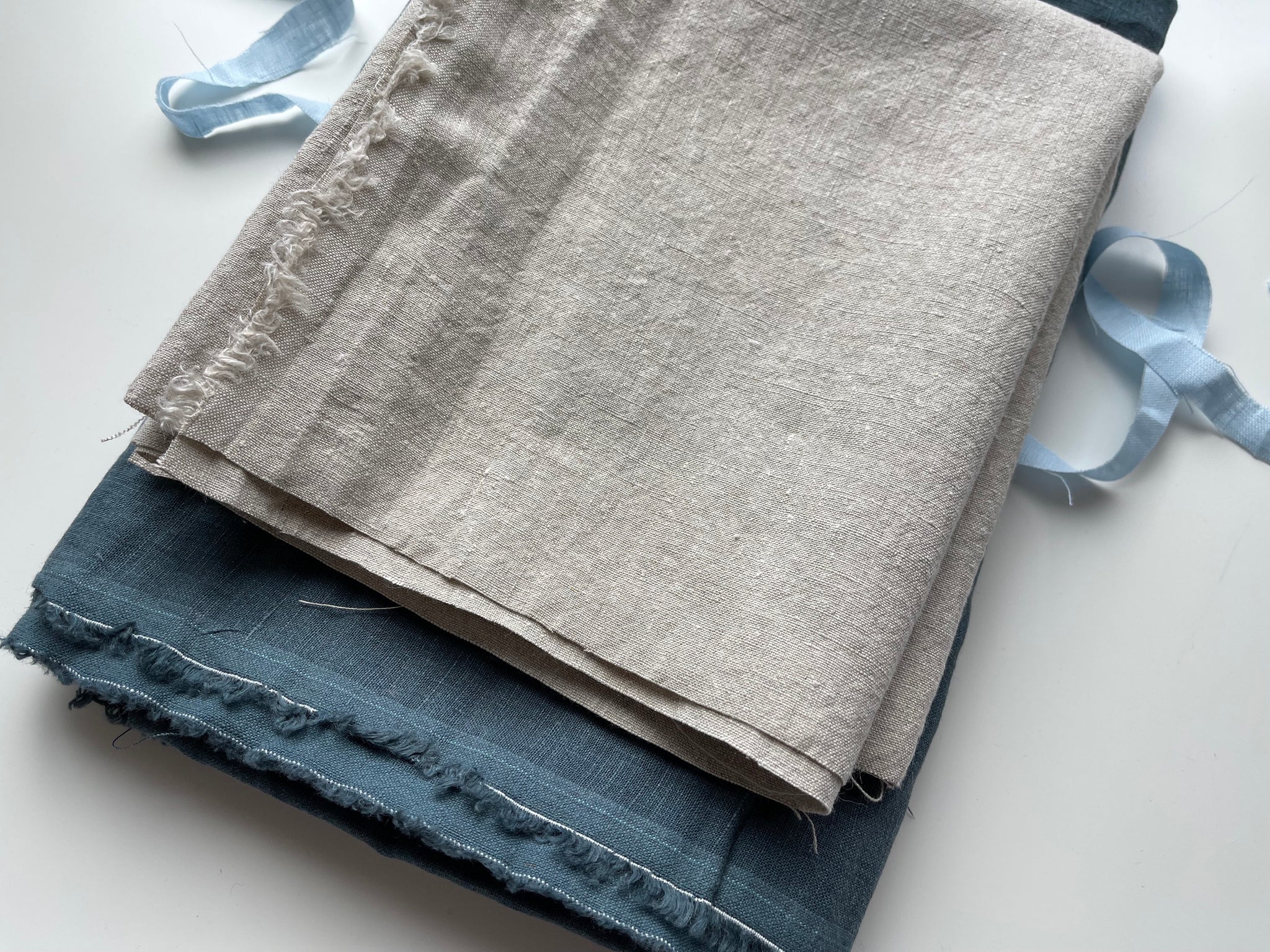 Linen Fabric Remnants - Sea Blue and Natural Stone Washed