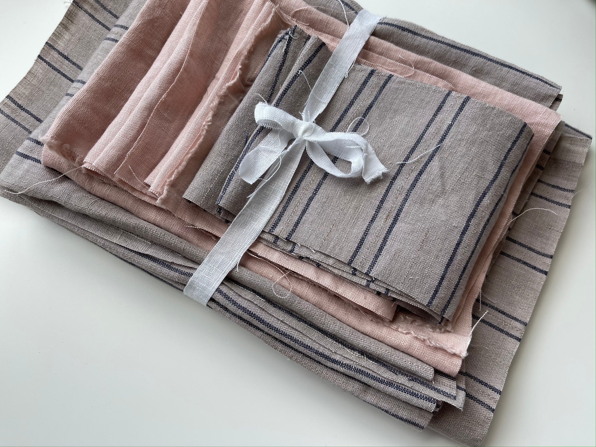 Linen Fabric Remnants - Mocca Stripes and Dusty Rose