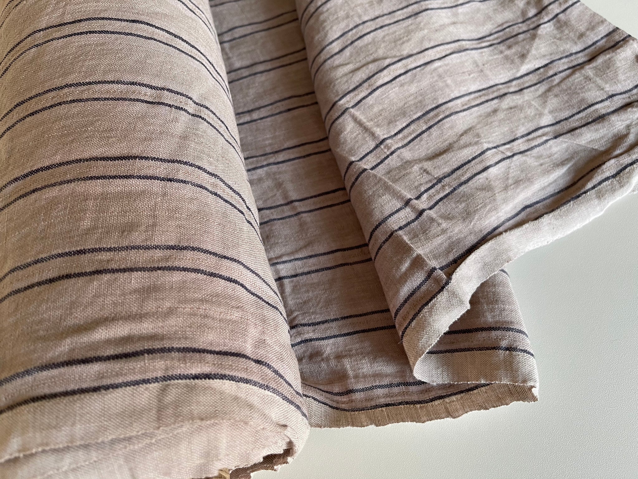 Mocca Stripes Linen Fabric - Stone Washed Super Soft