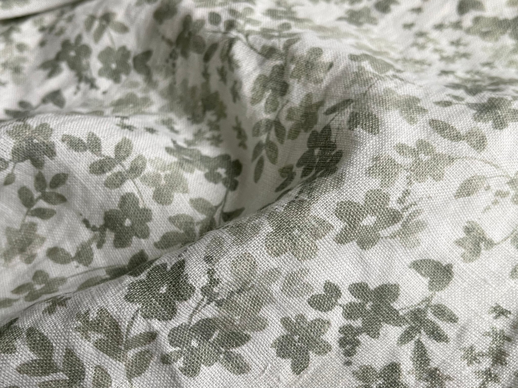 Sage Green Floral Linen Fabric - Washed