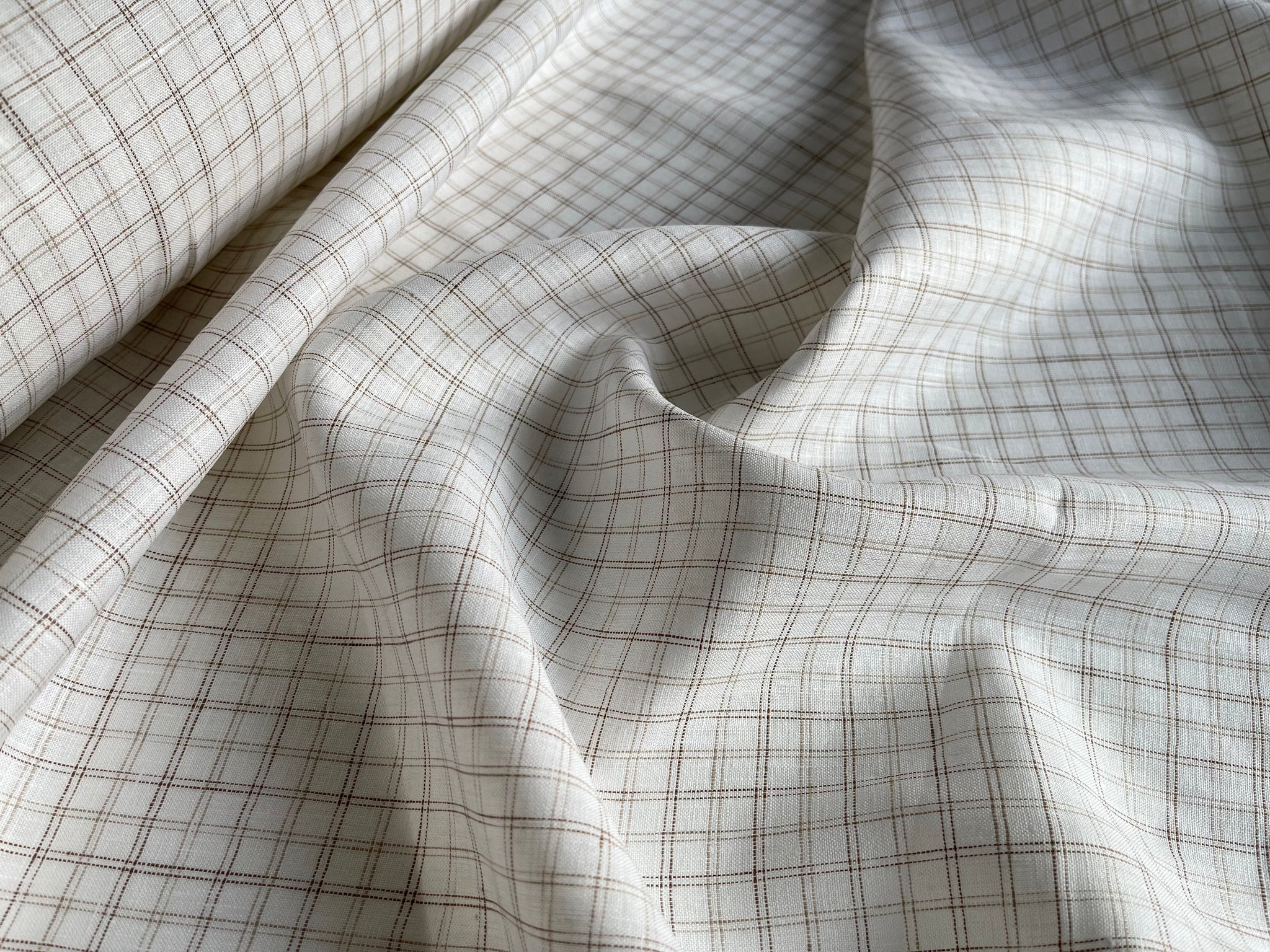 Deadstock Linen Fabric - White Brown Grid Check