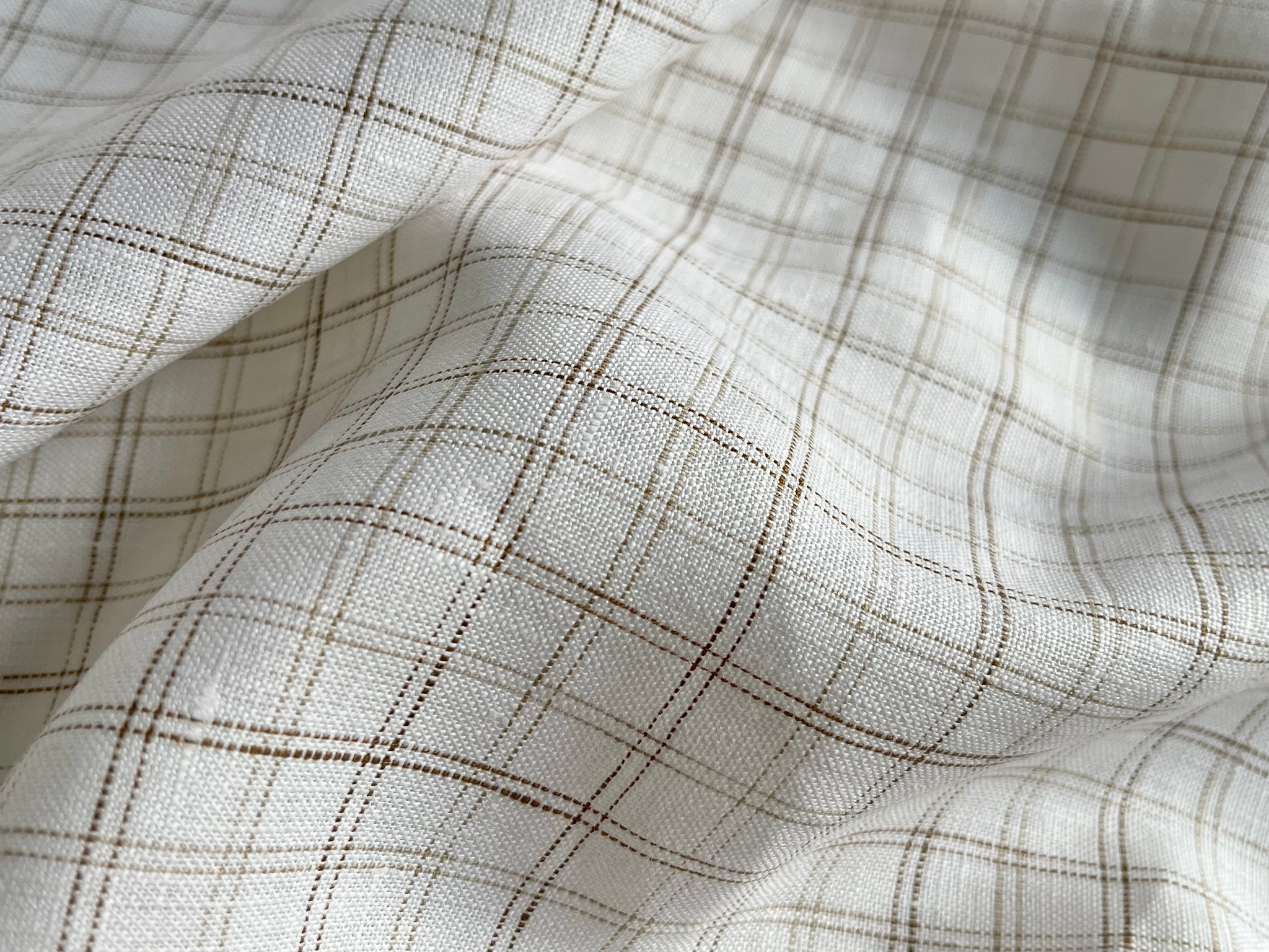 Deadstock Linen Fabric - White Brown Grid Check