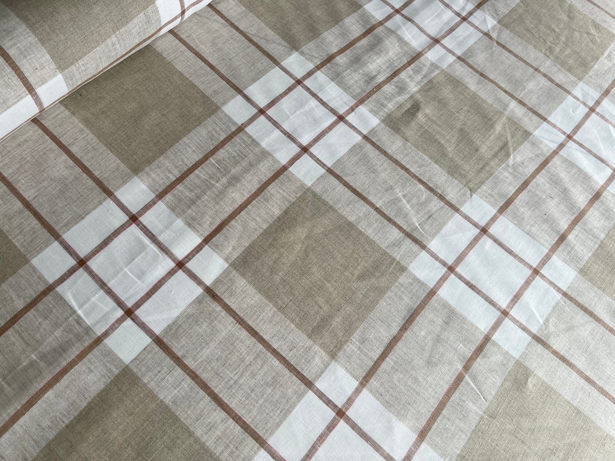 Deadstock Linen Fabric - White Natural Plaid